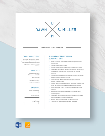 Free Pharmaceutical Manager Resume Template - Word, Apple Pages