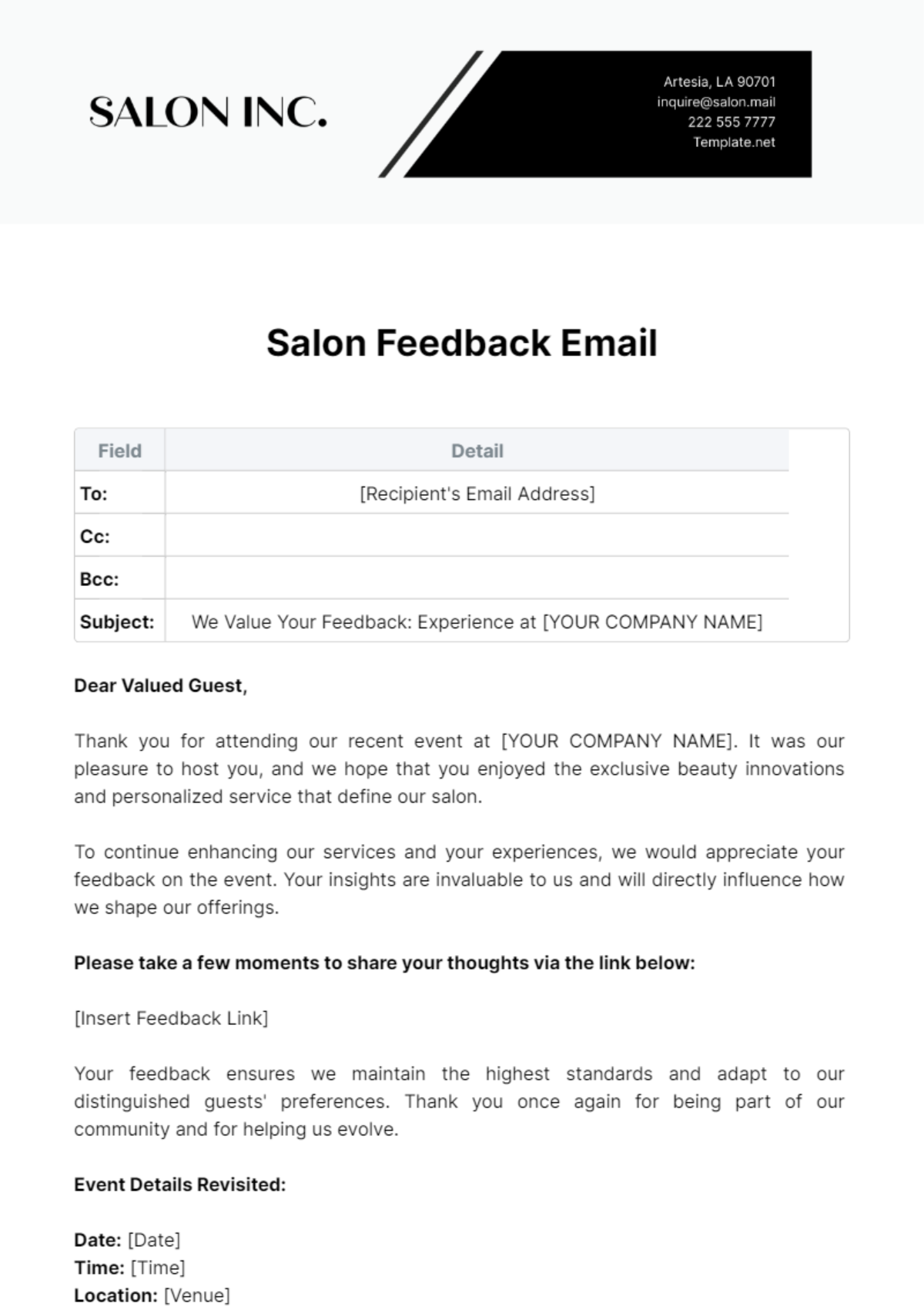 Salon Feedback Email Template