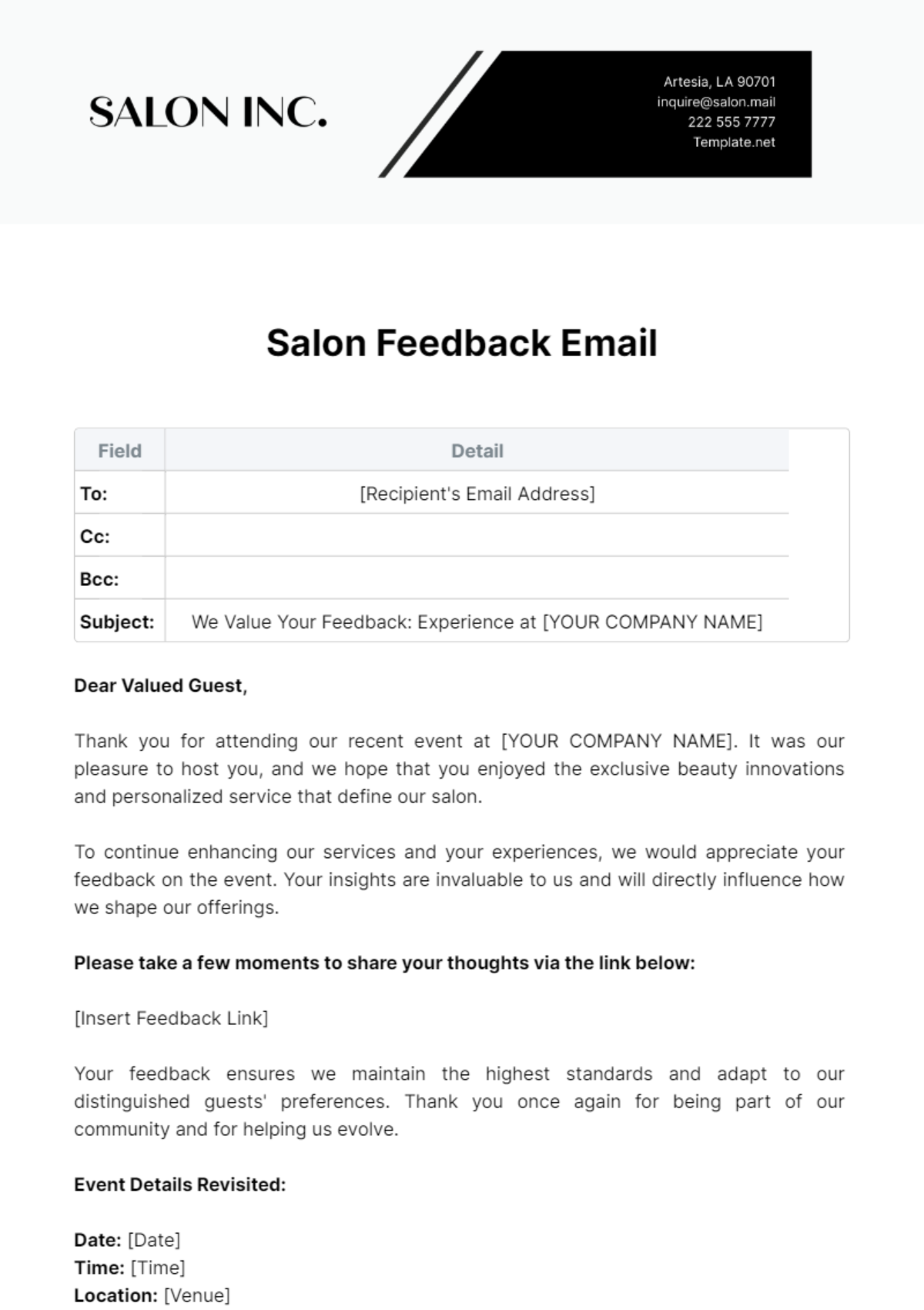 Salon Feedback Email Templates - Edit Online & Download Example