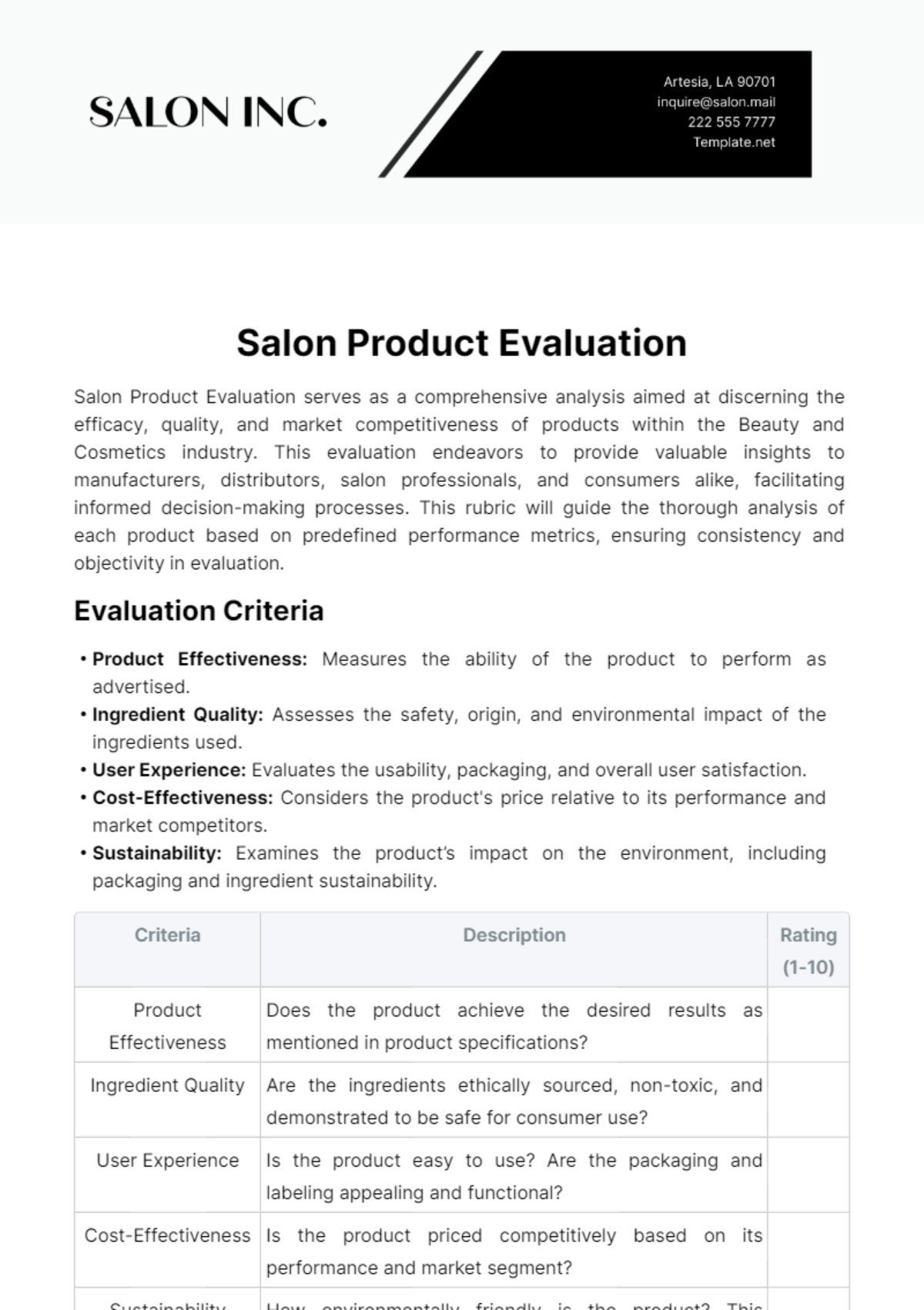 Salon Product Evaluation Template