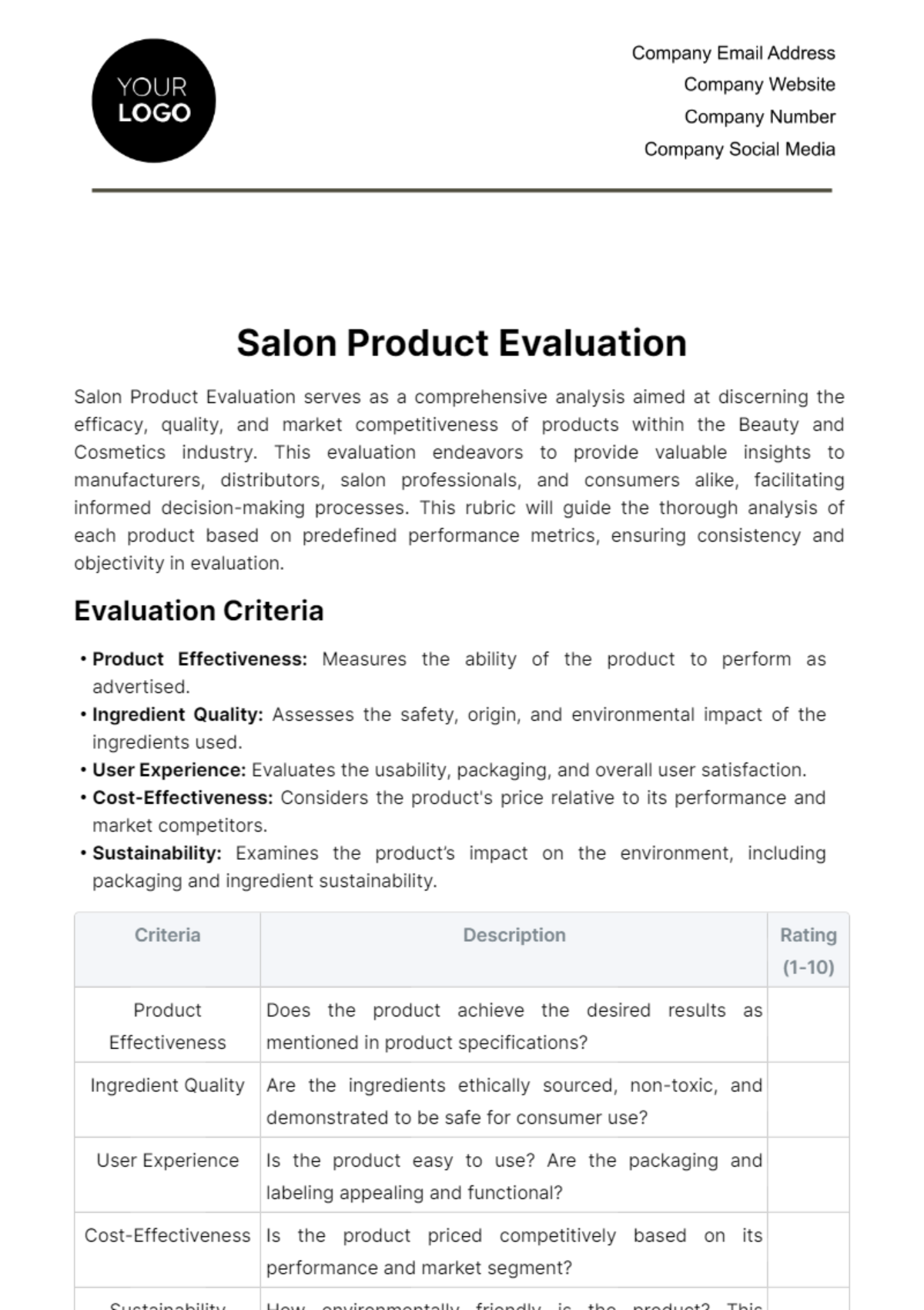 Free Salon Product Evaluation Template