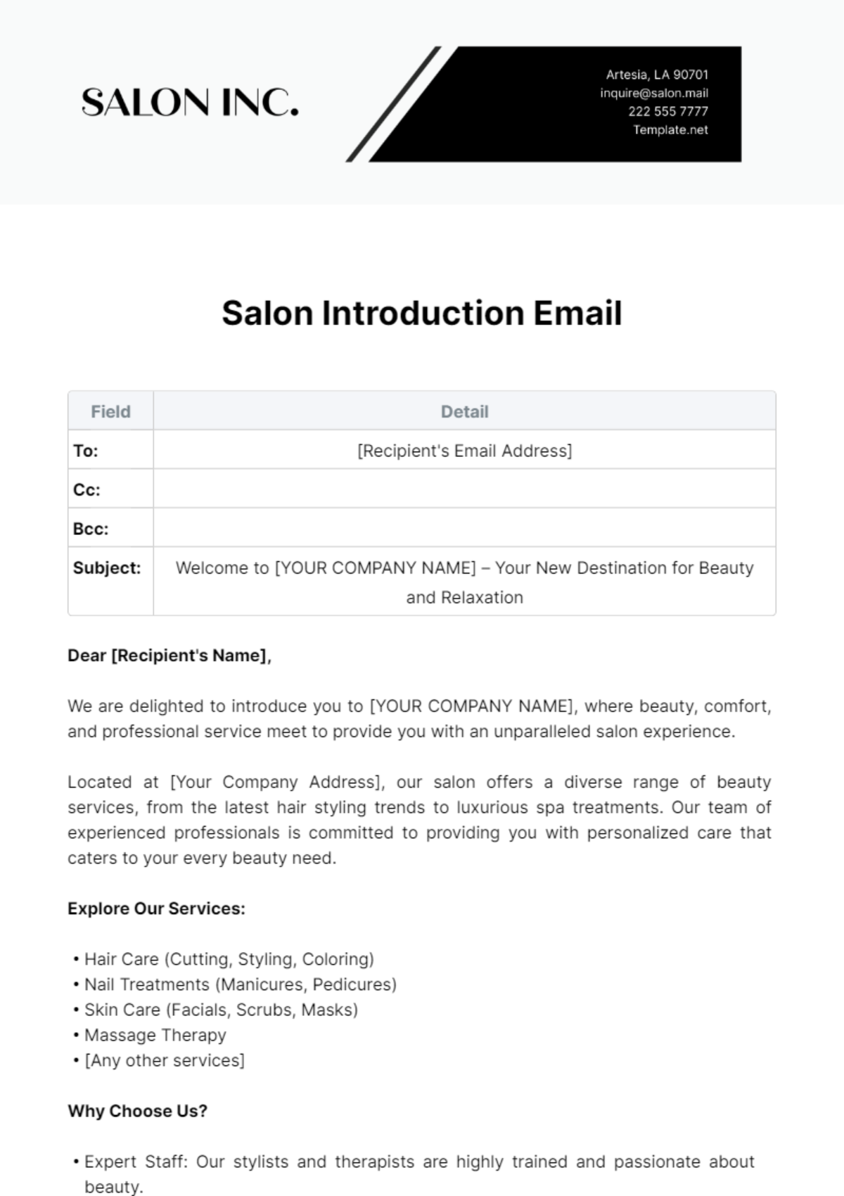 Salon Introduction Email Template