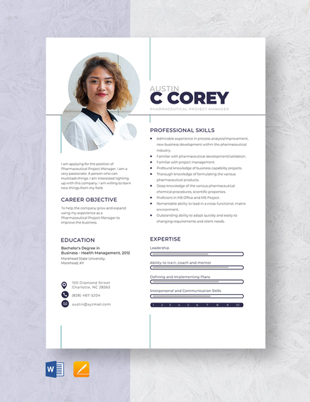 Free Pharmaceutical Project Manager Resume Template - Word, Apple Pages
