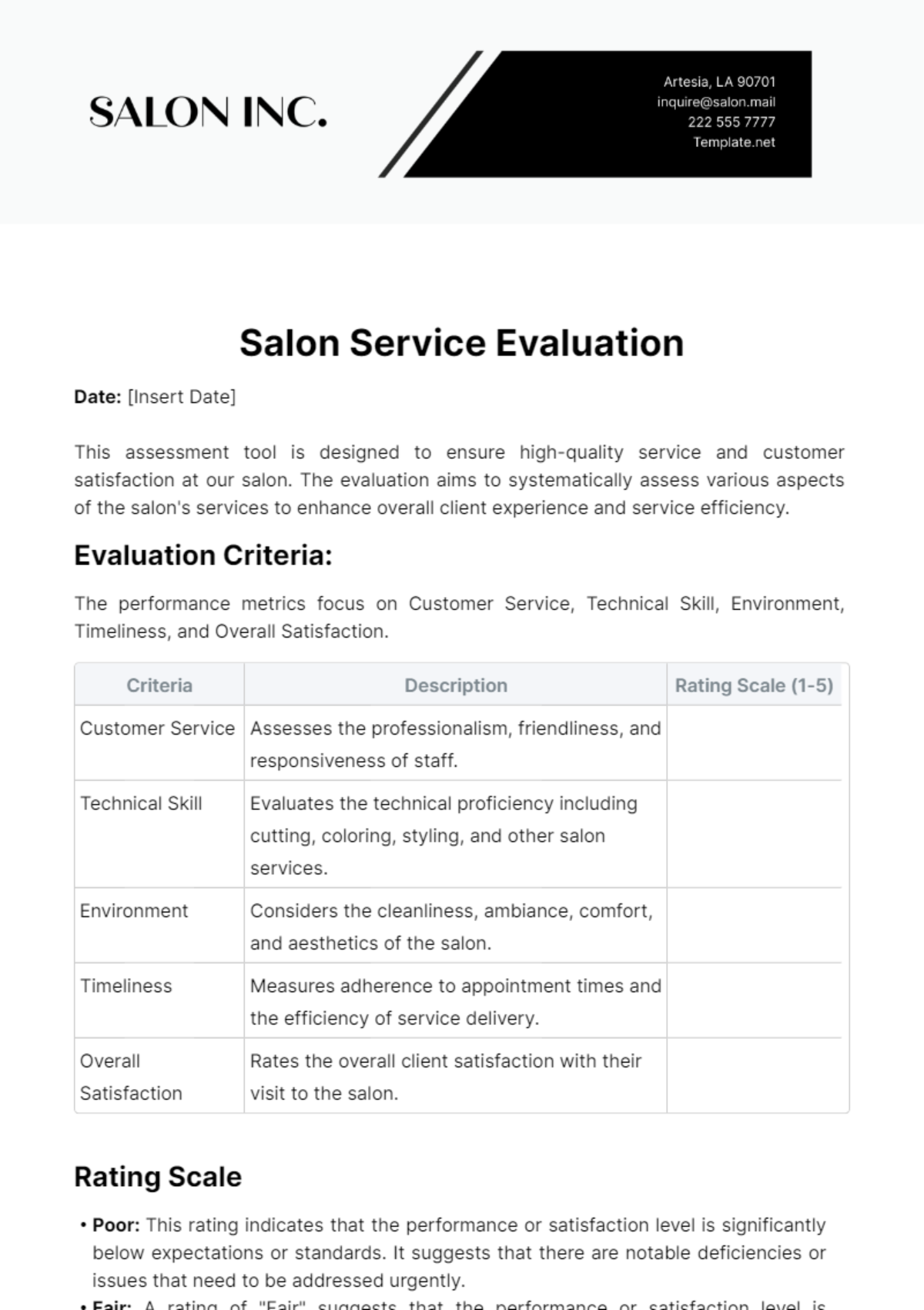 Salon Service Evaluation Template