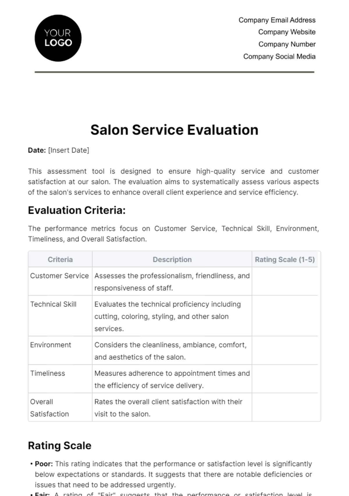 Salon Service Evaluation Template