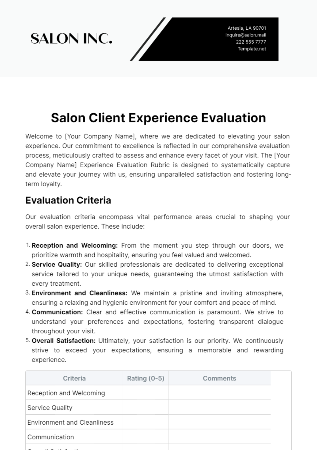 Salon Client Experience Evaluation Template
