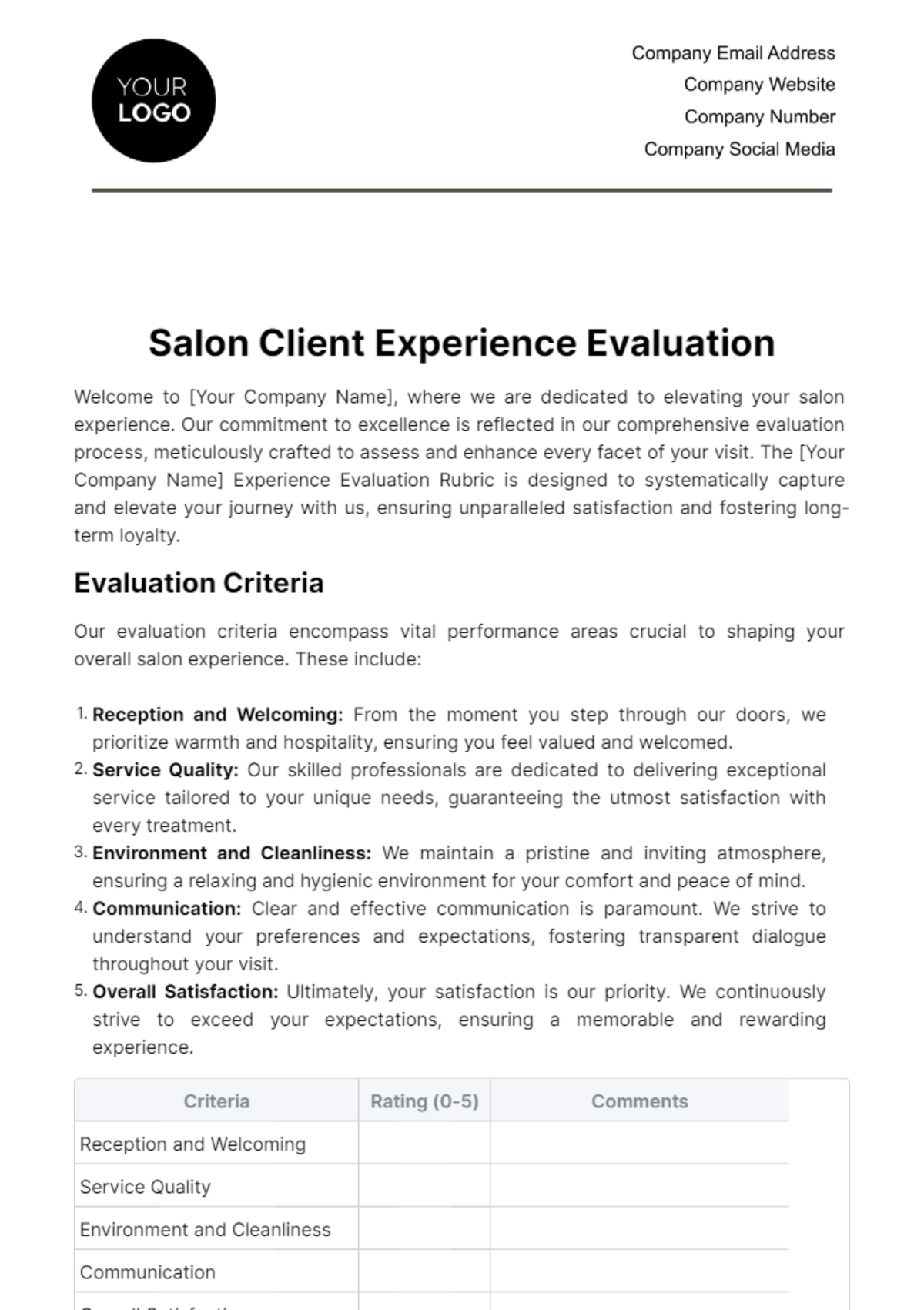 Salon Client Experience Evaluation Template