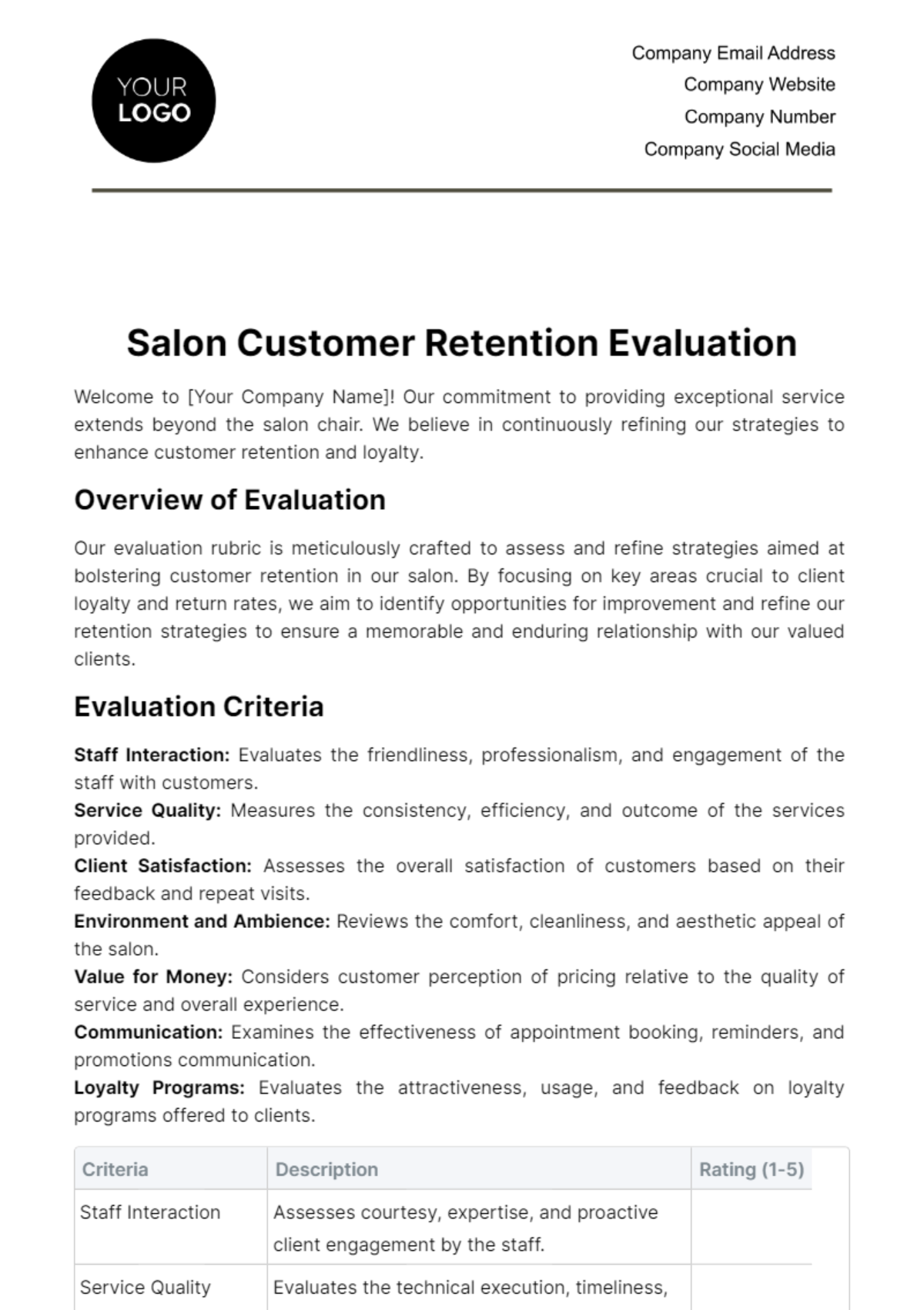 Free Salon Customer Retention Evaluation Template