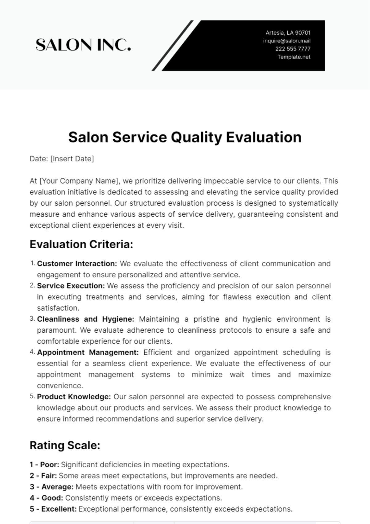 Salon Service Quality Evaluation Template