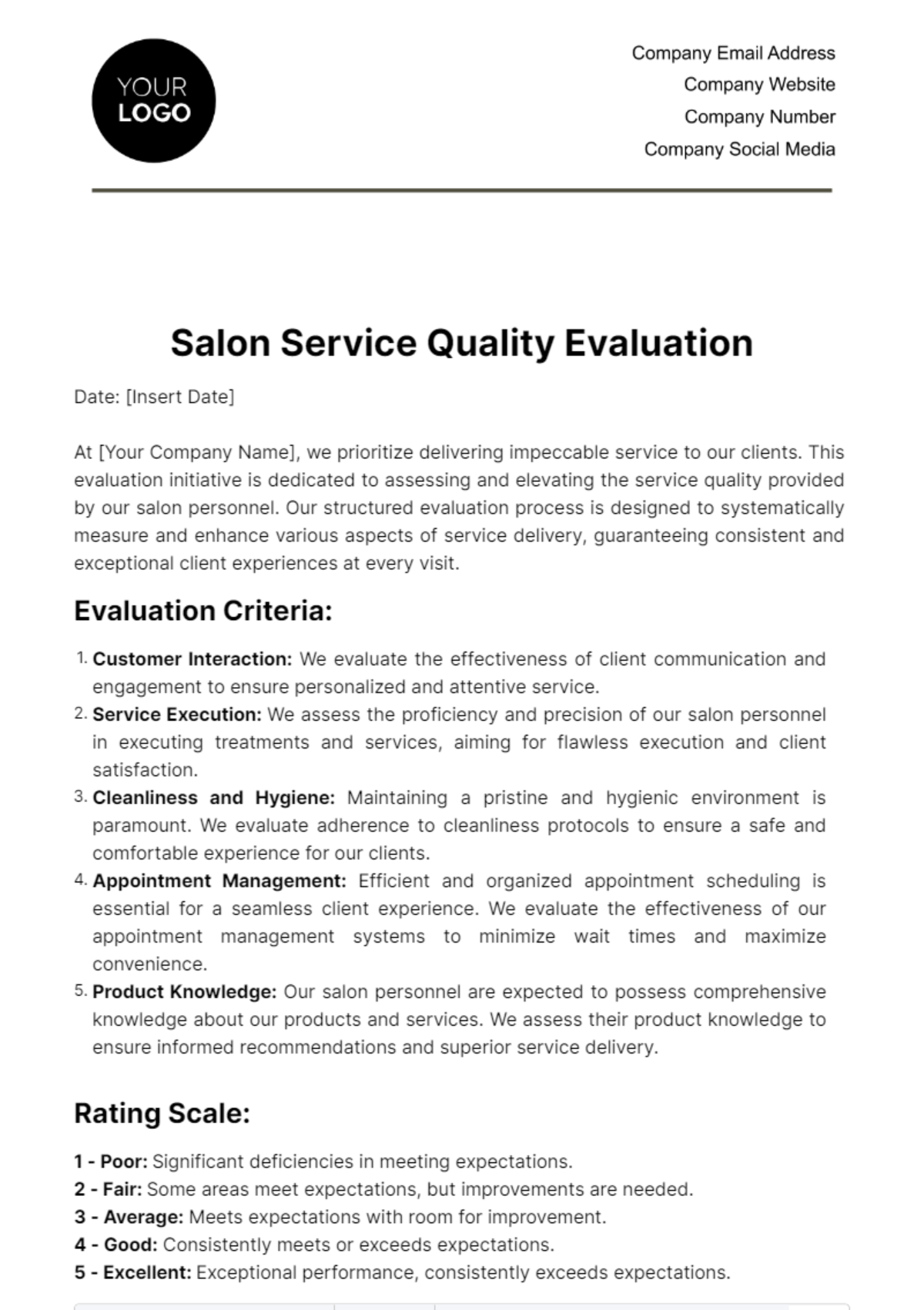 Salon Service Quality Evaluation Template