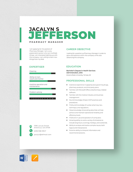 Free Pharmacy Manager Resume Template - Word, Apple Pages