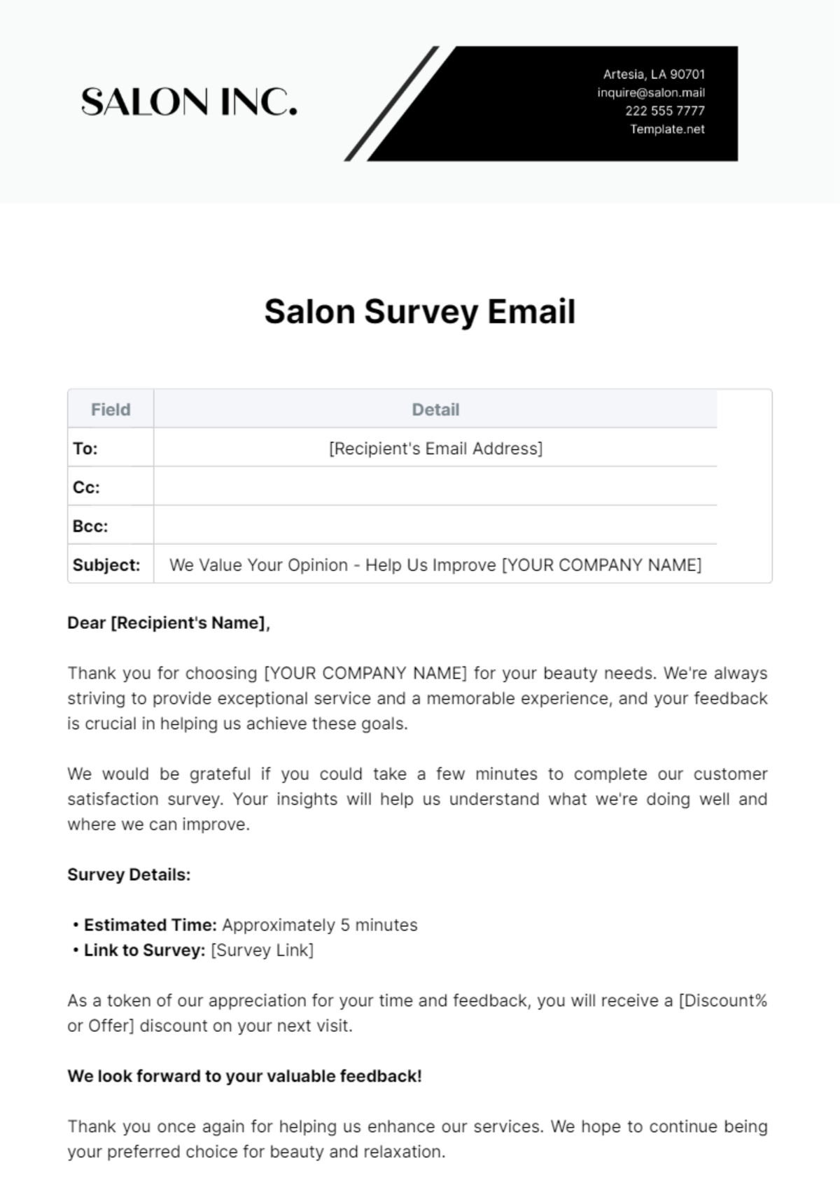 Free Salon Survey Email Template