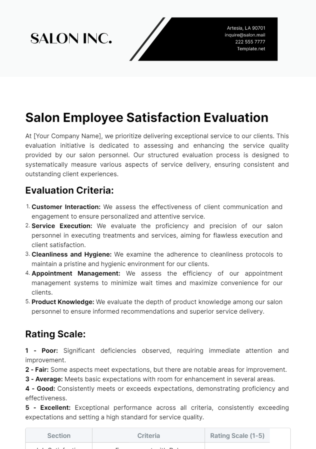 Salon Employee Satisfaction Evaluation Template