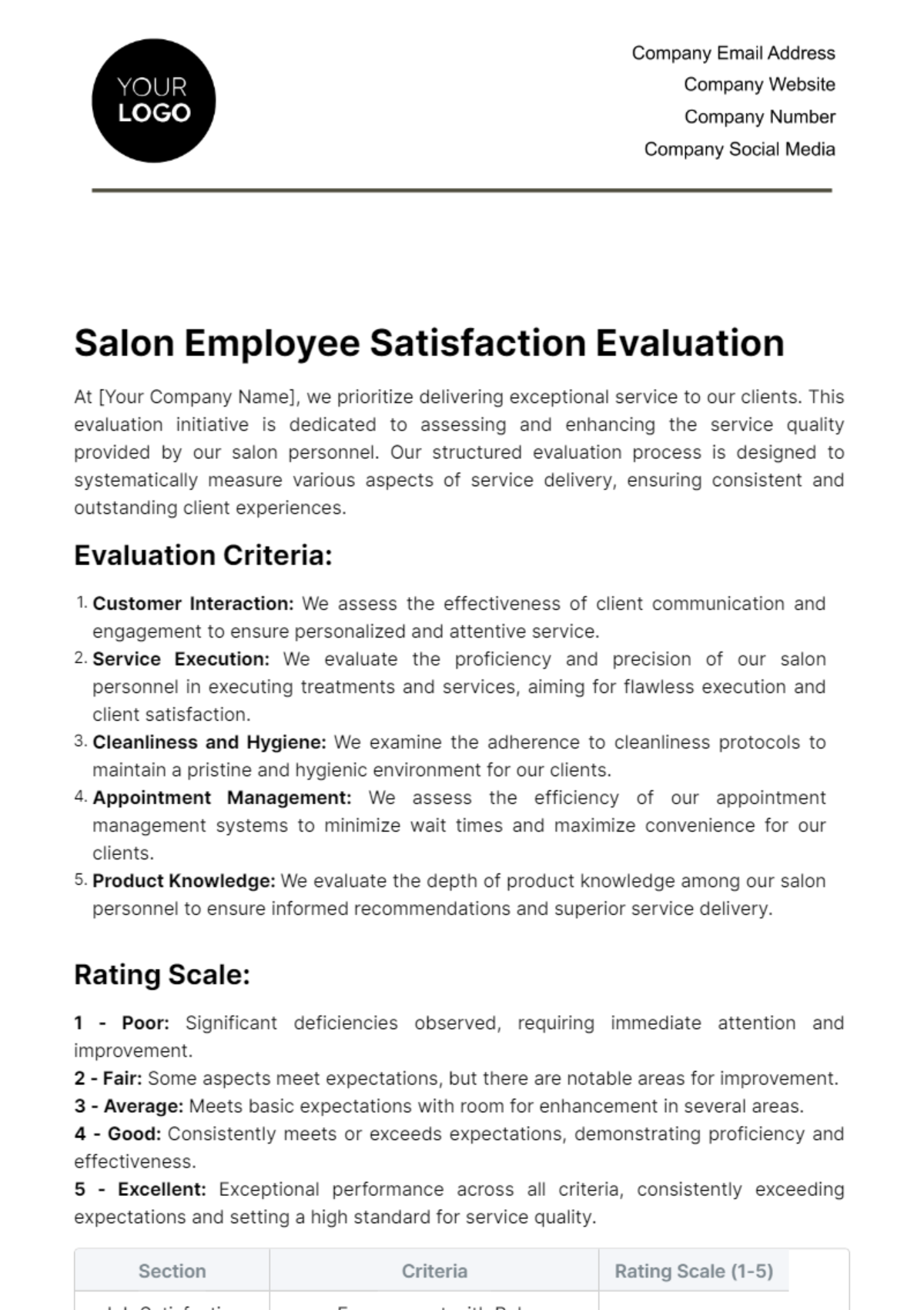 Salon Employee Satisfaction Evaluation Template