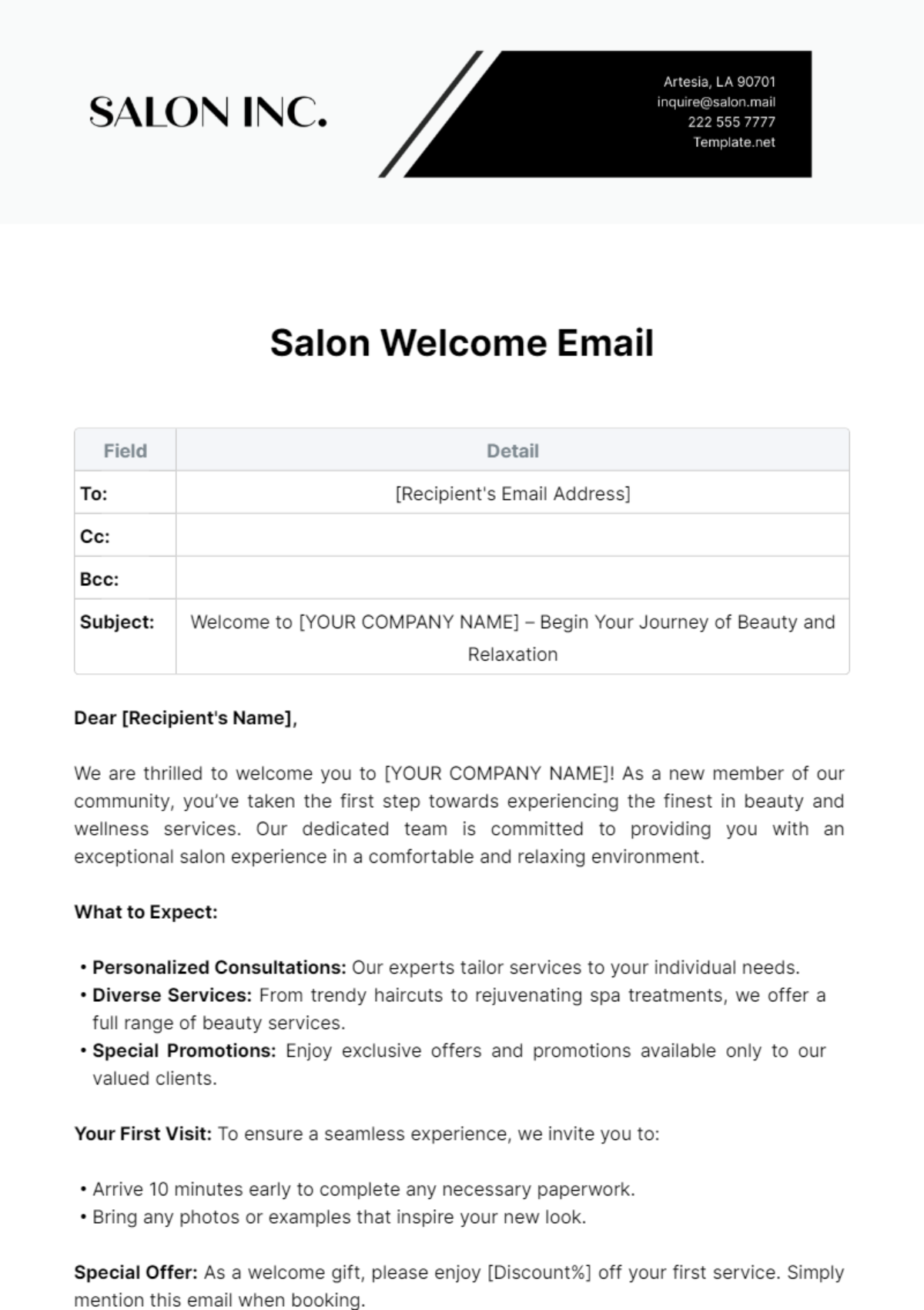Salon Welcome Email Template