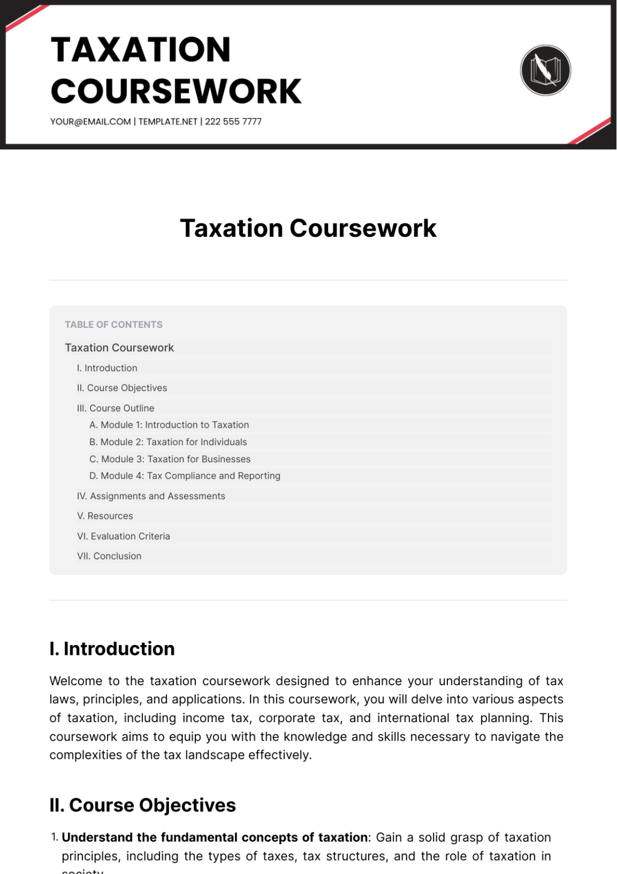 Taxation Coursework Template - Edit Online & Download