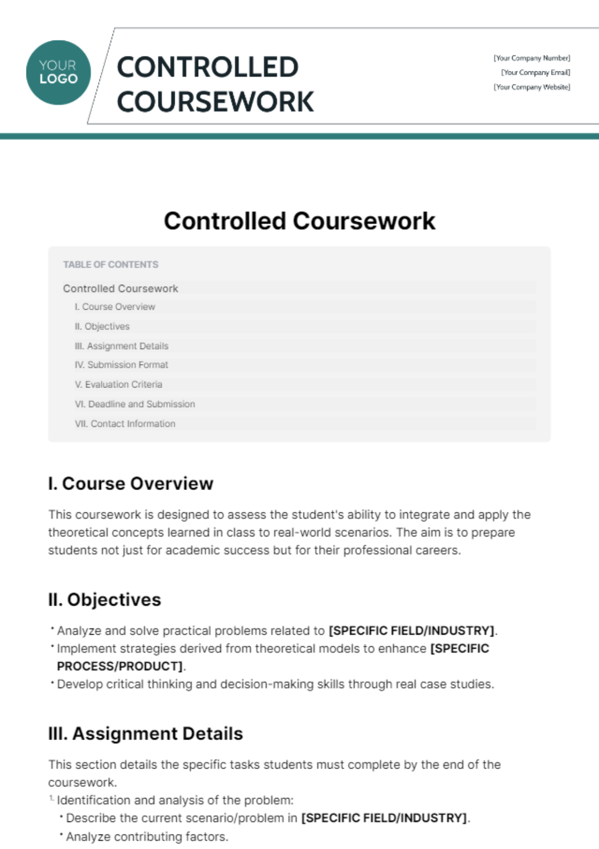 Controlled Coursework Template - Edit Online & Download