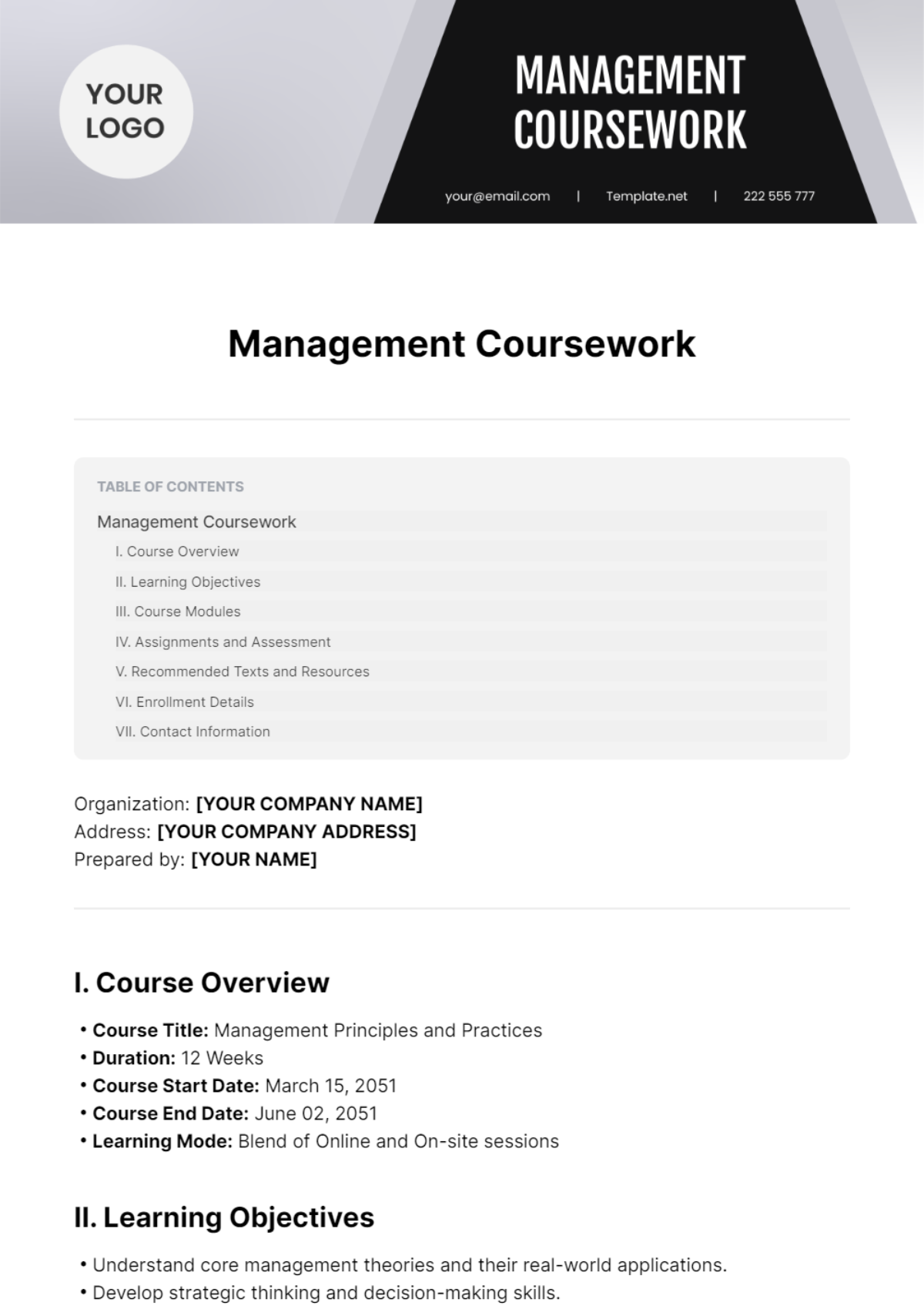 Management Coursework Template - Edit Online & Download