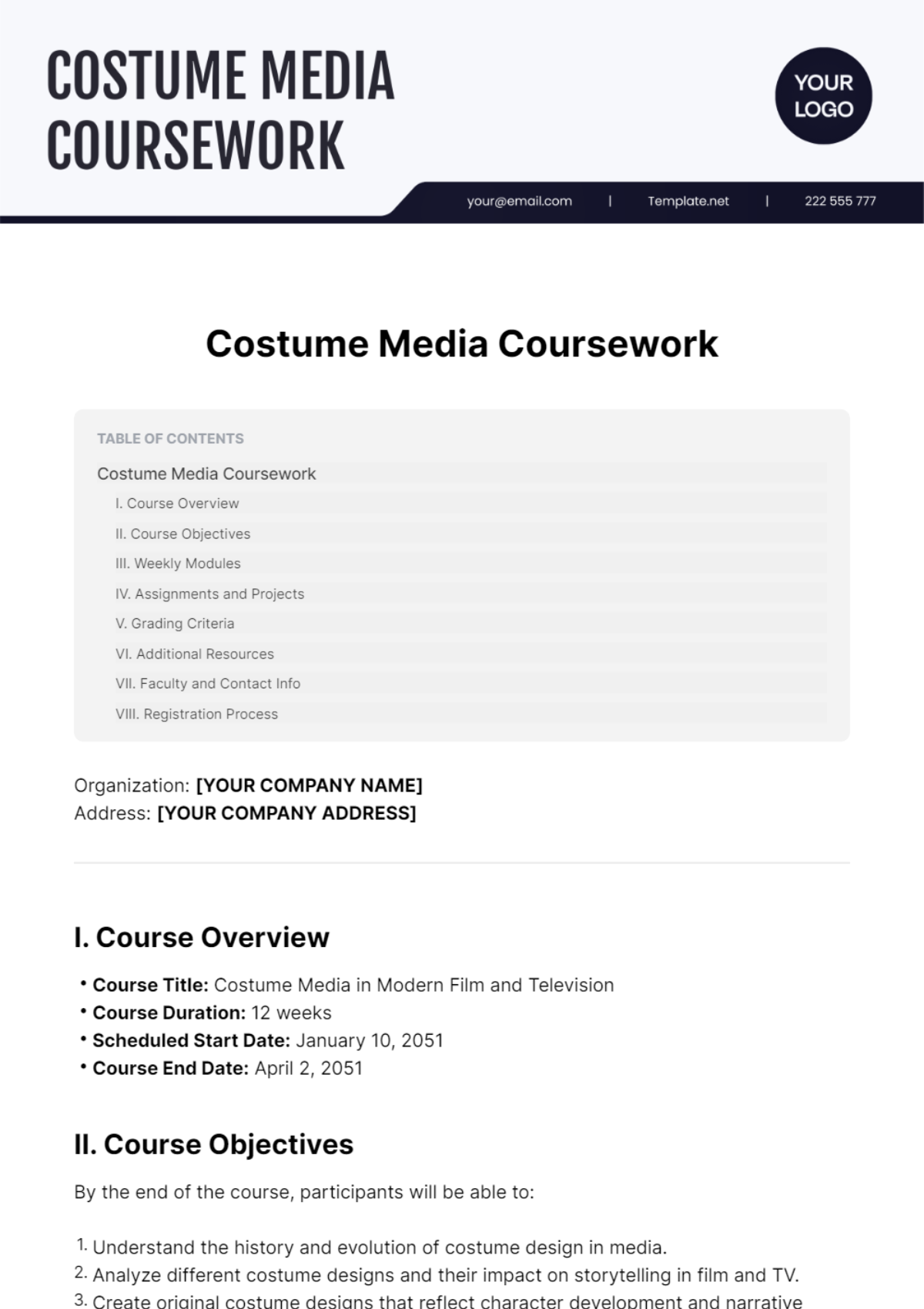 Costume Media Coursework Template - Edit Online & Download