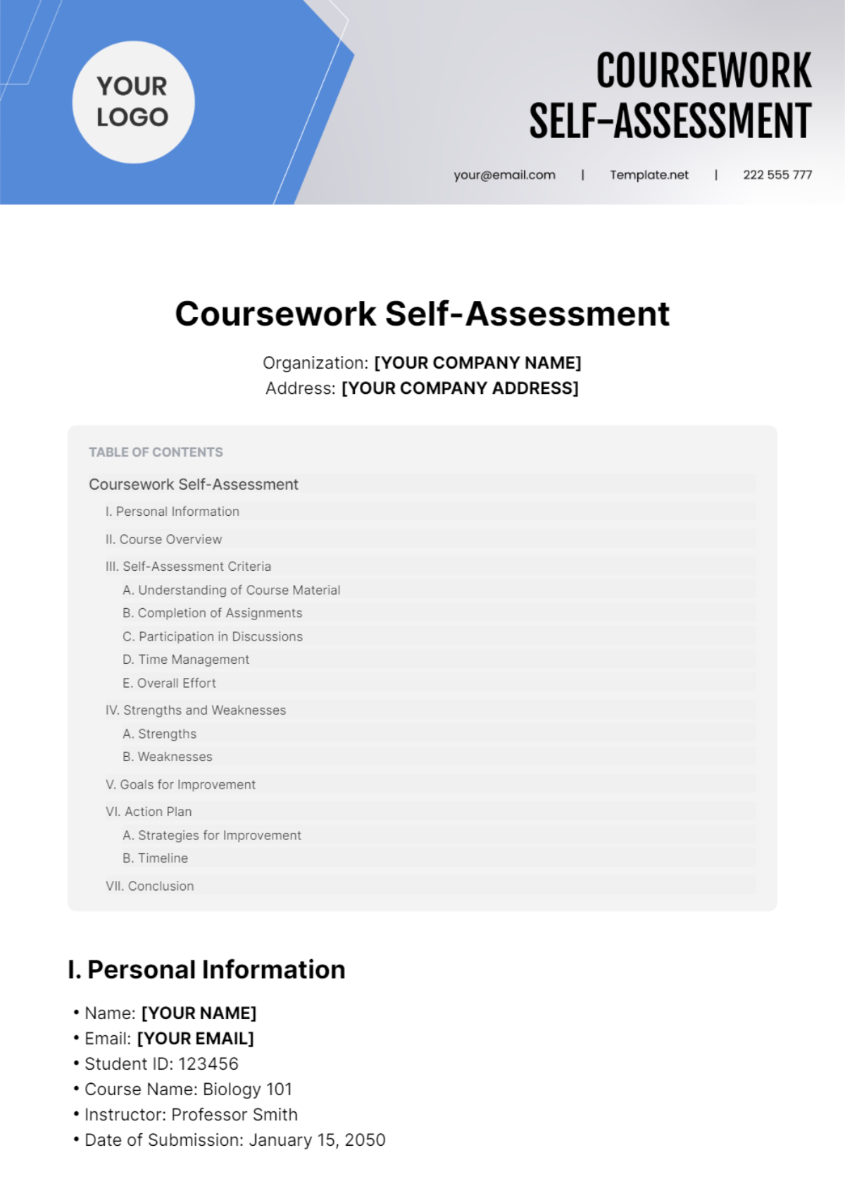 Coursework Self Assessment Template - Edit Online & Download