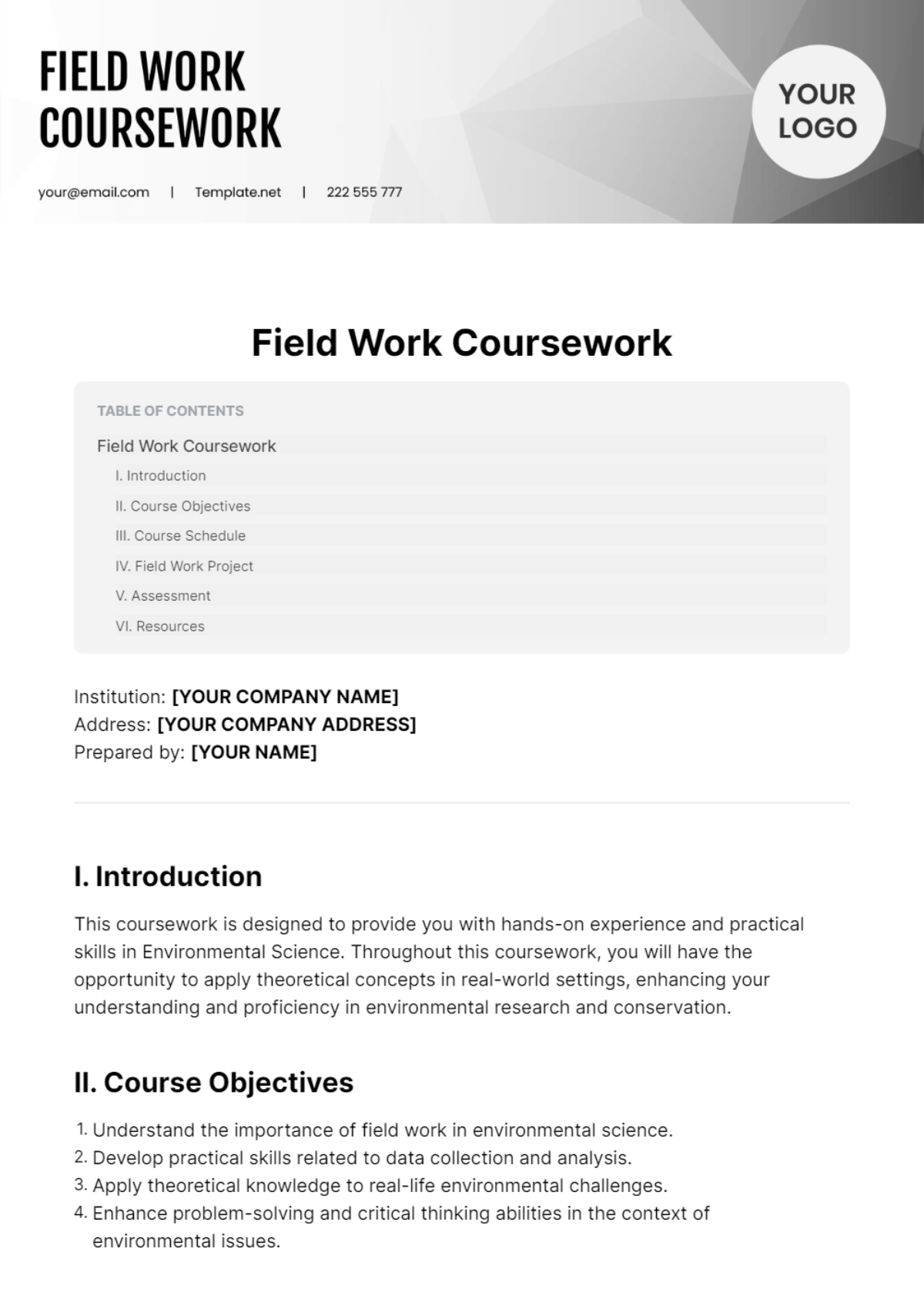 Field Work Coursework Template - Edit Online & Download