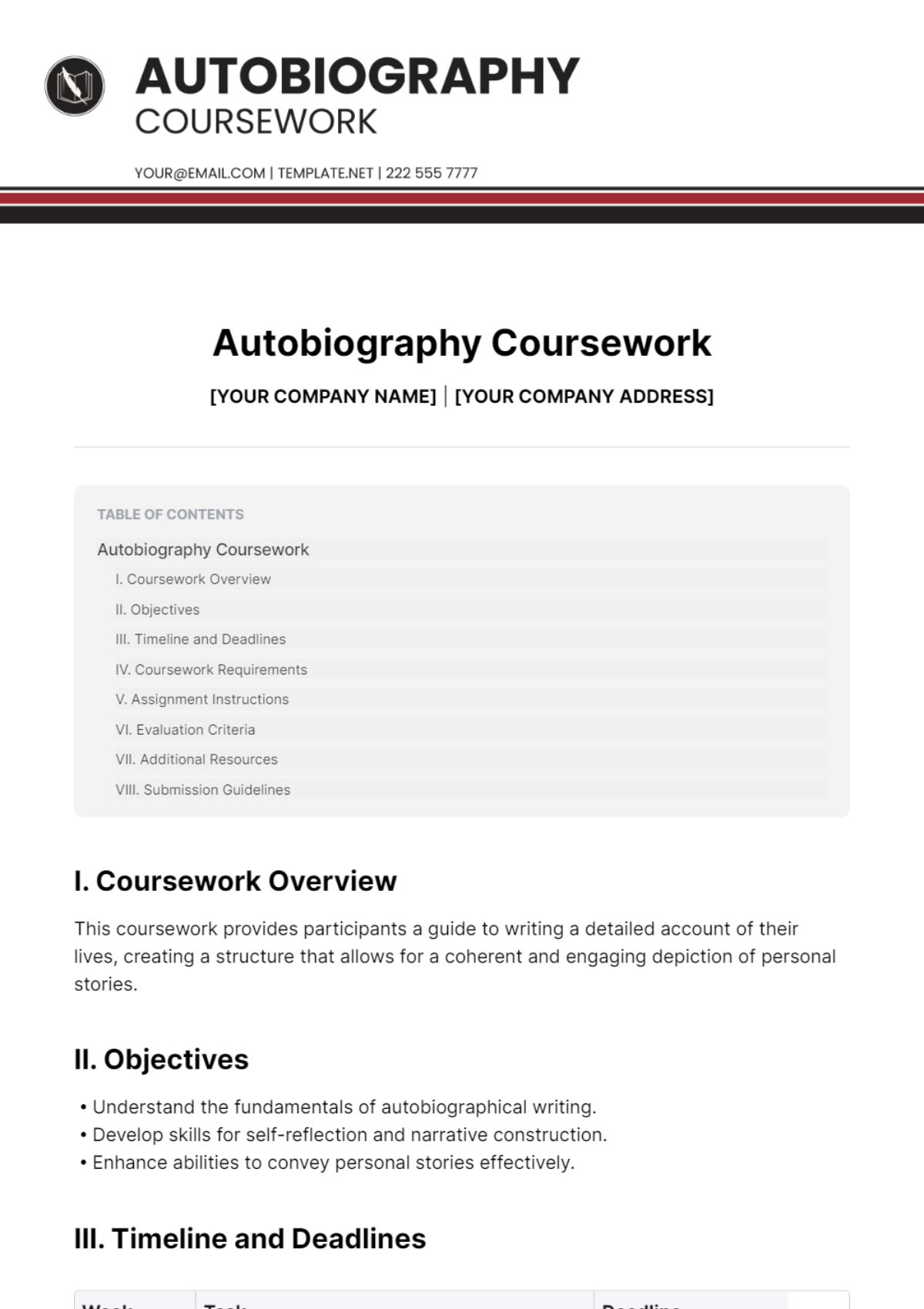 Free Autobiography Coursework Template