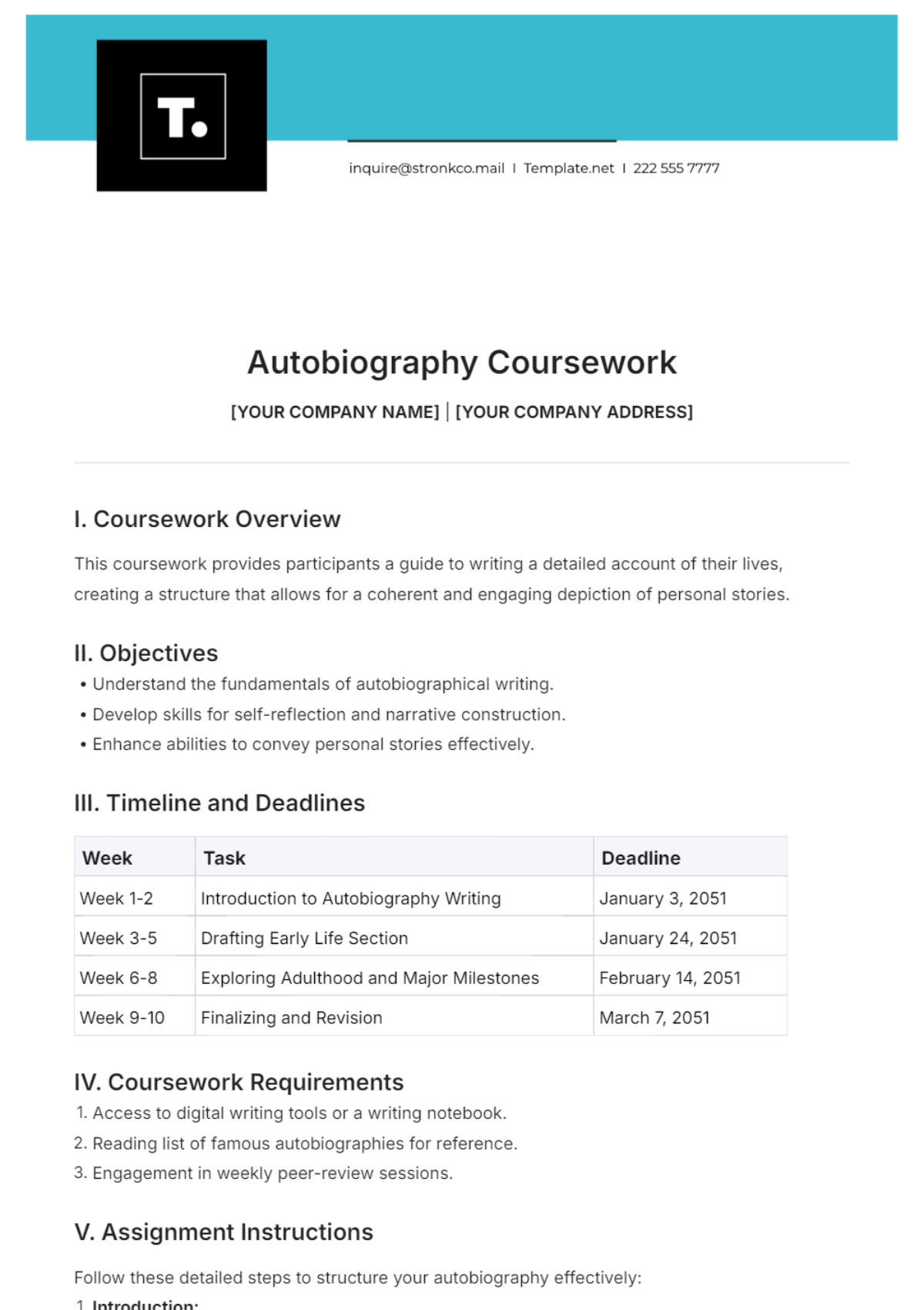 Autobiography Coursework Template - Edit Online & Download