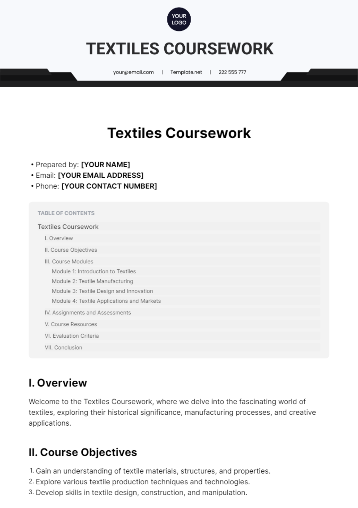 Textiles Coursework Template - Edit Online & Download