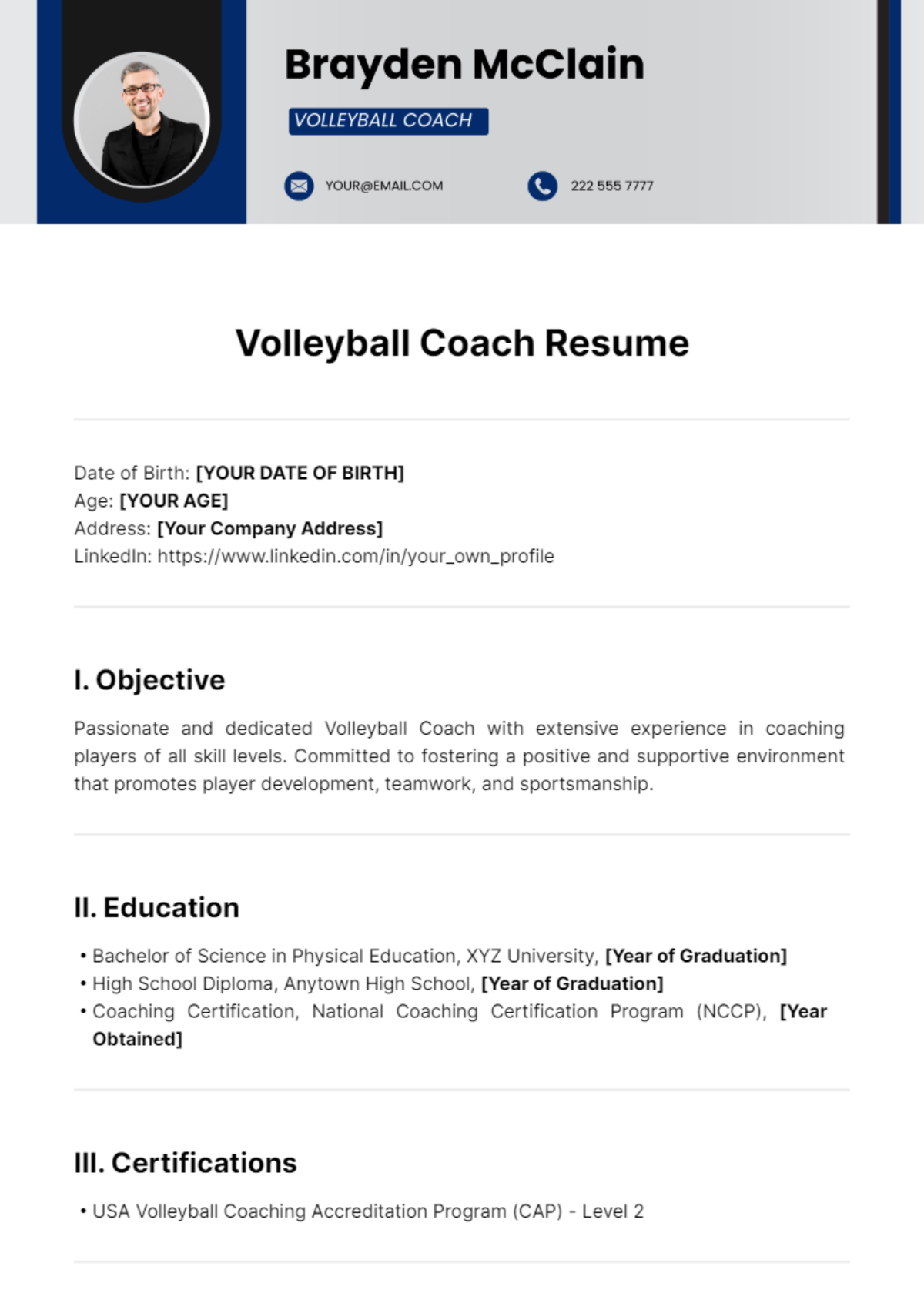 Volleyball Coach Resume Template