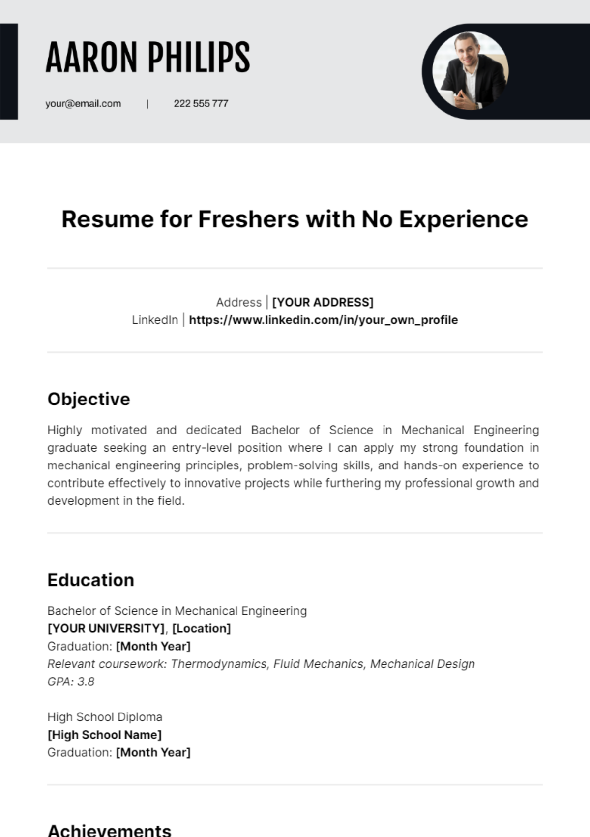 Resume for Freshers with No Experience Template