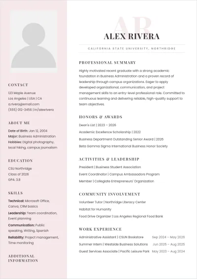 Free ATS Resume for Freshers with No Experience Template