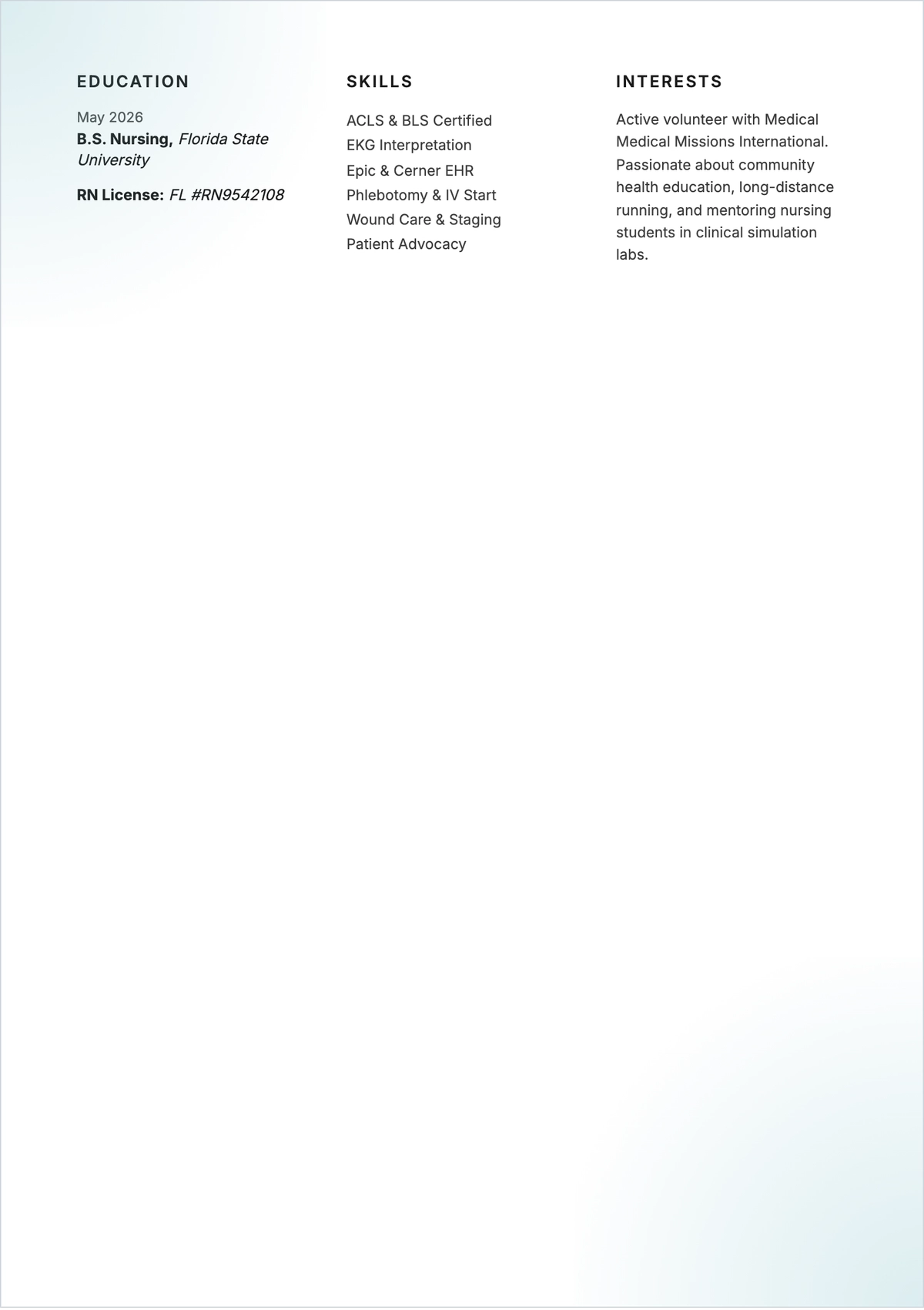 Free New Graduate Nurse ATS CV Template, AI CV Builder
