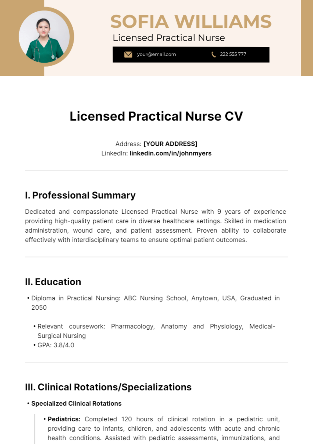 Licensed Practical Nurse CV Template - Edit Online & Download