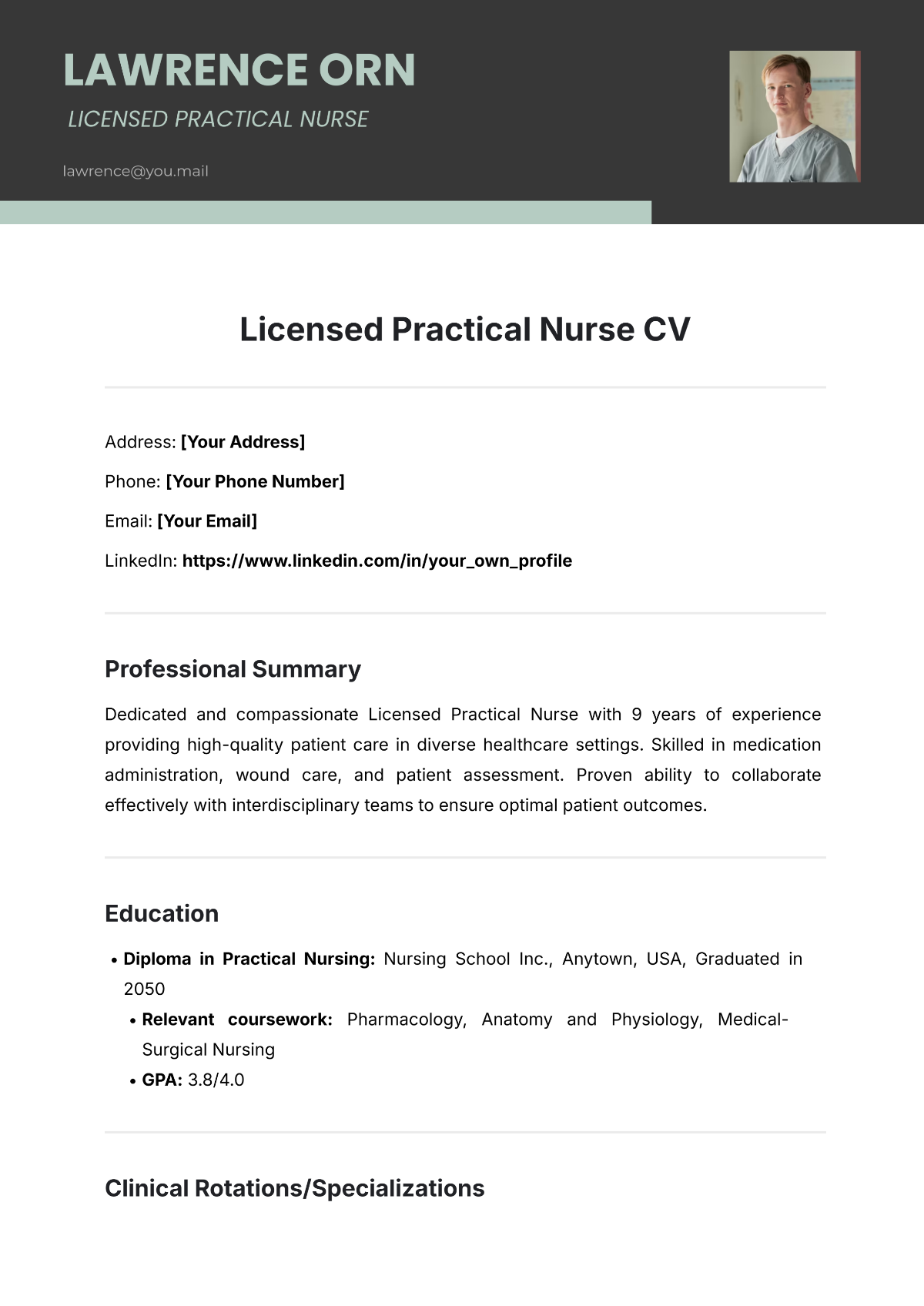 Licensed Practical Nurse CV Template - Edit Online & Download