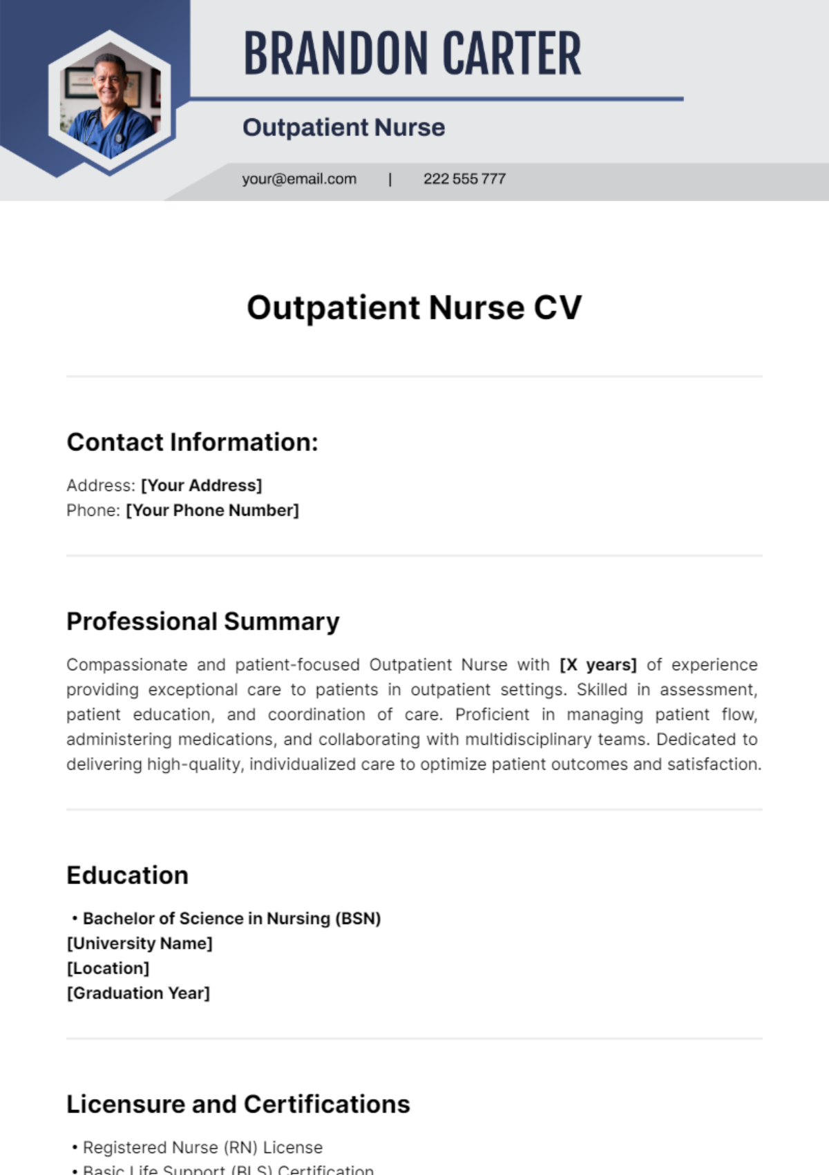 Outpatient Nurse CV Template - Edit Online & Download