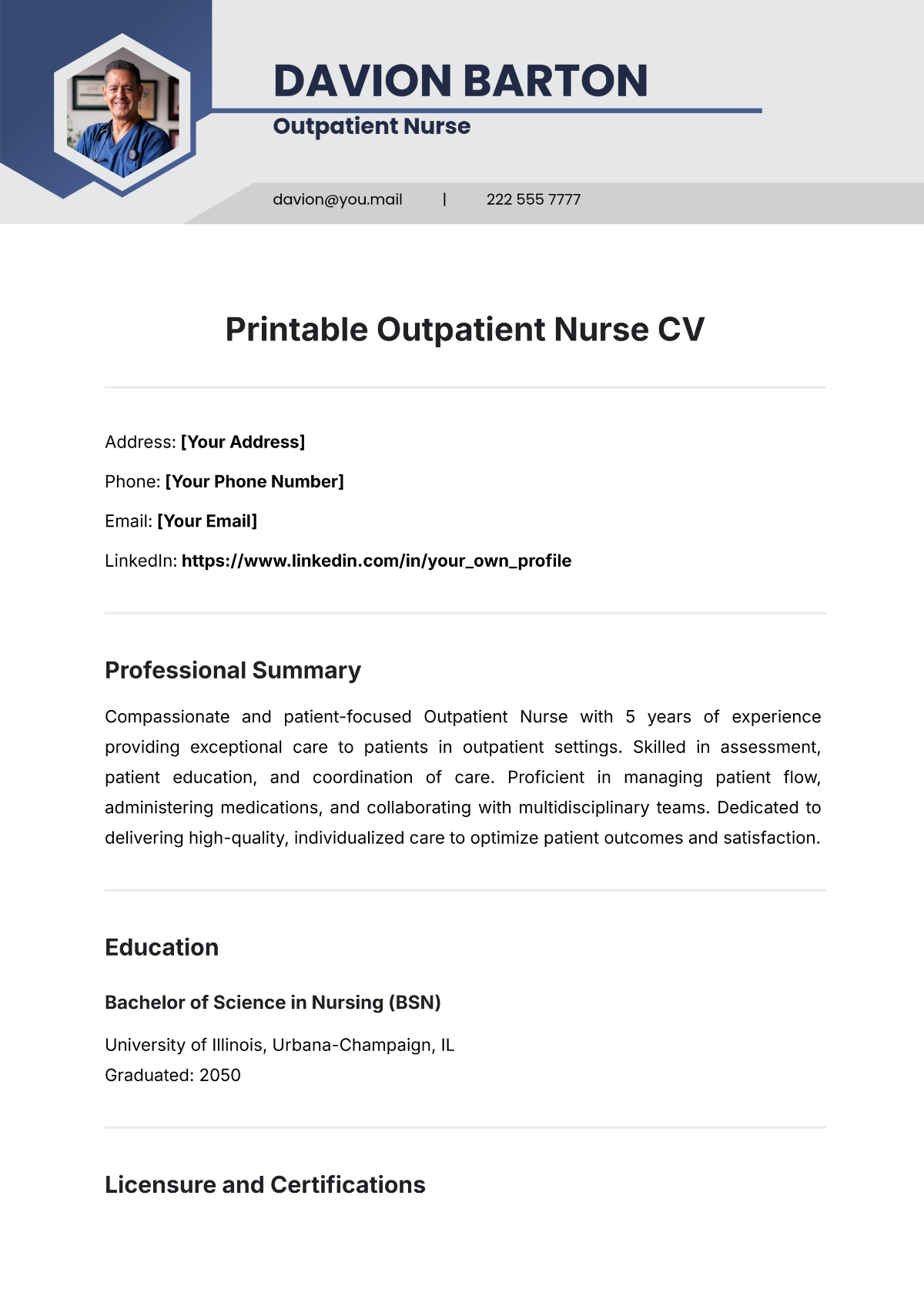 Printable Outpatient Nurse CV Template - Edit Online & Download