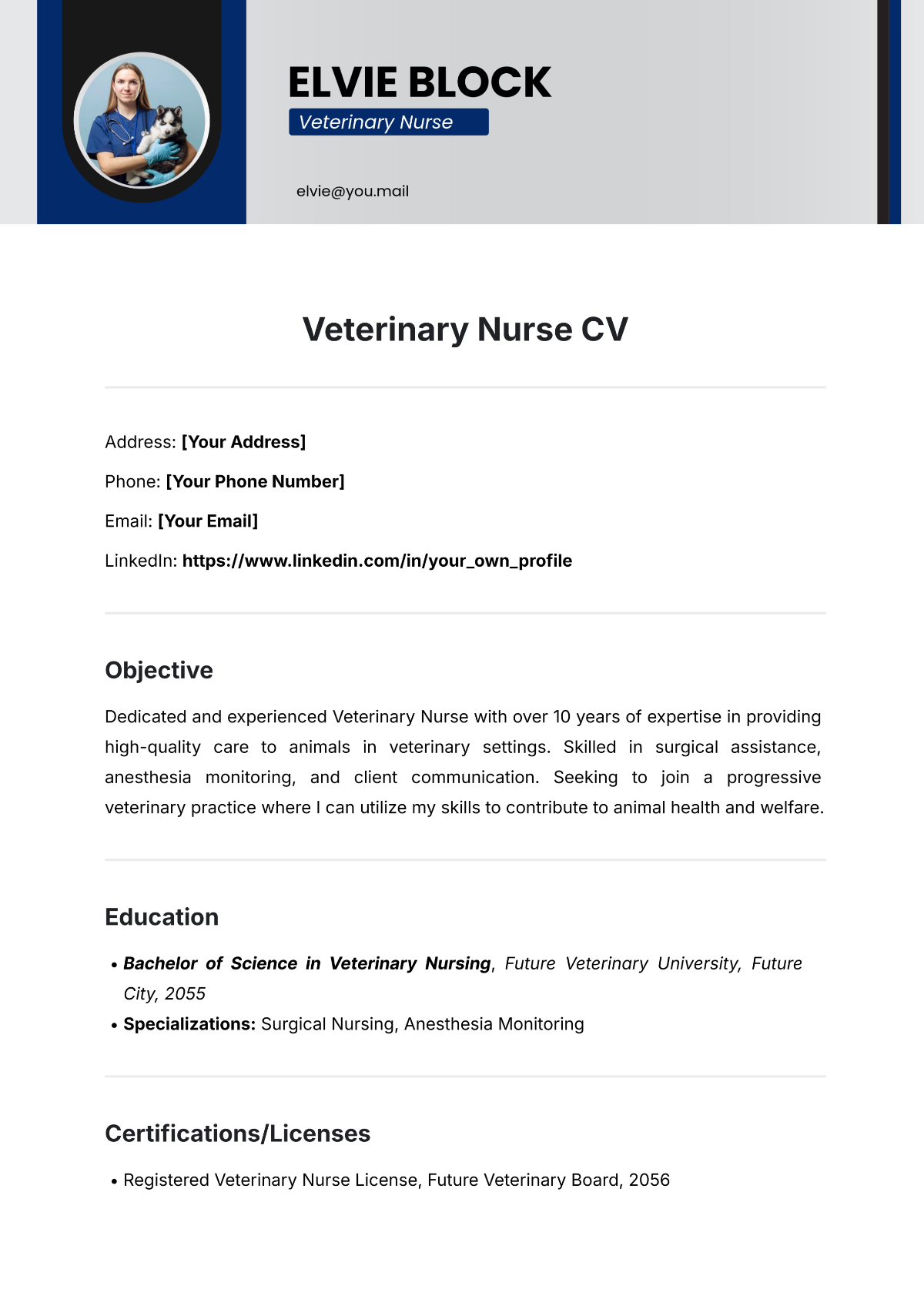 Veterinary Nurse CV Template - Edit Online & Download