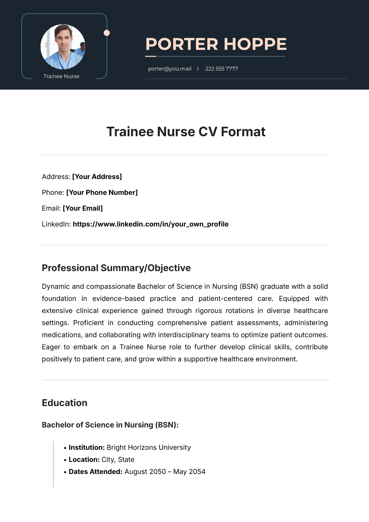 Trainee Nurse CV Format Template - Edit Online & Download