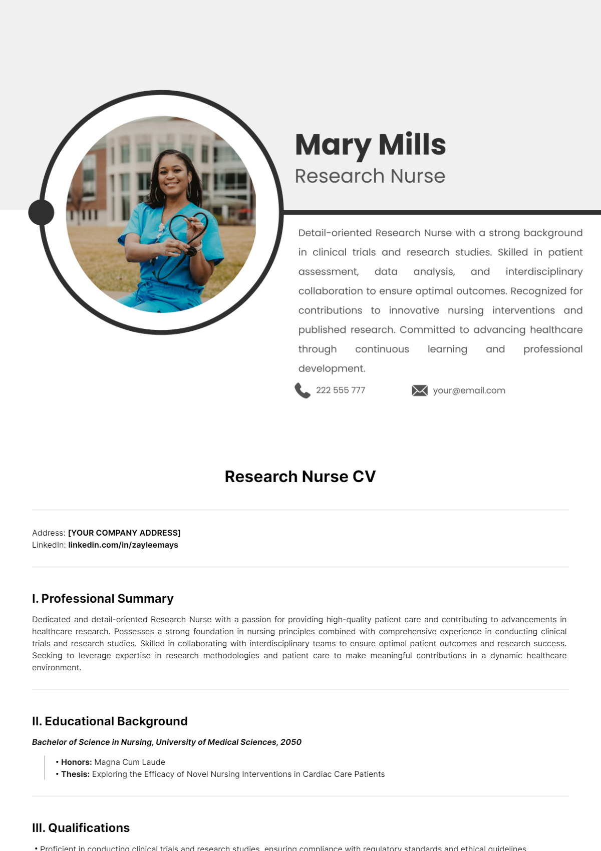 Free Research Nurse CV Template