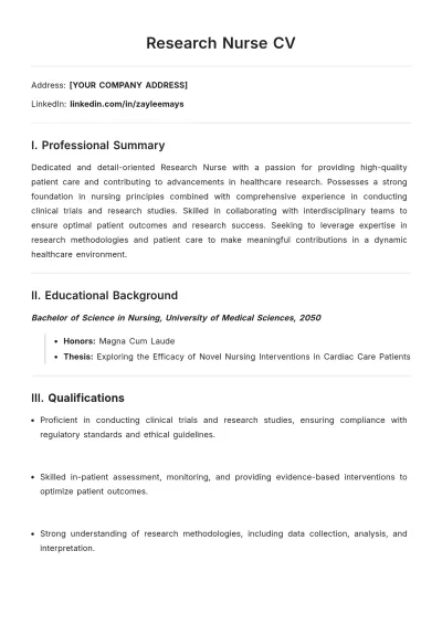 Free Research Nurse CV Template to Edit Online