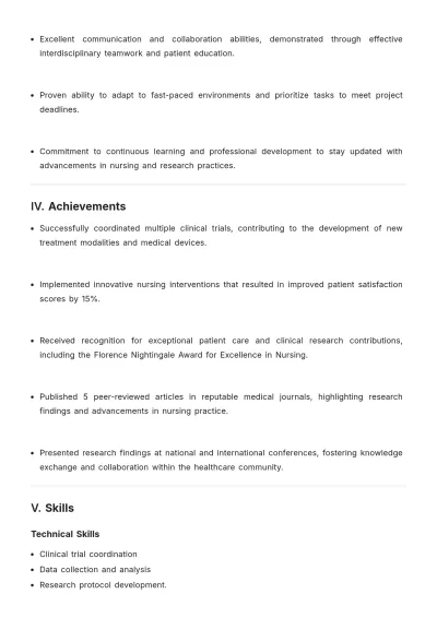 Free Research Nurse CV Template to Edit Online