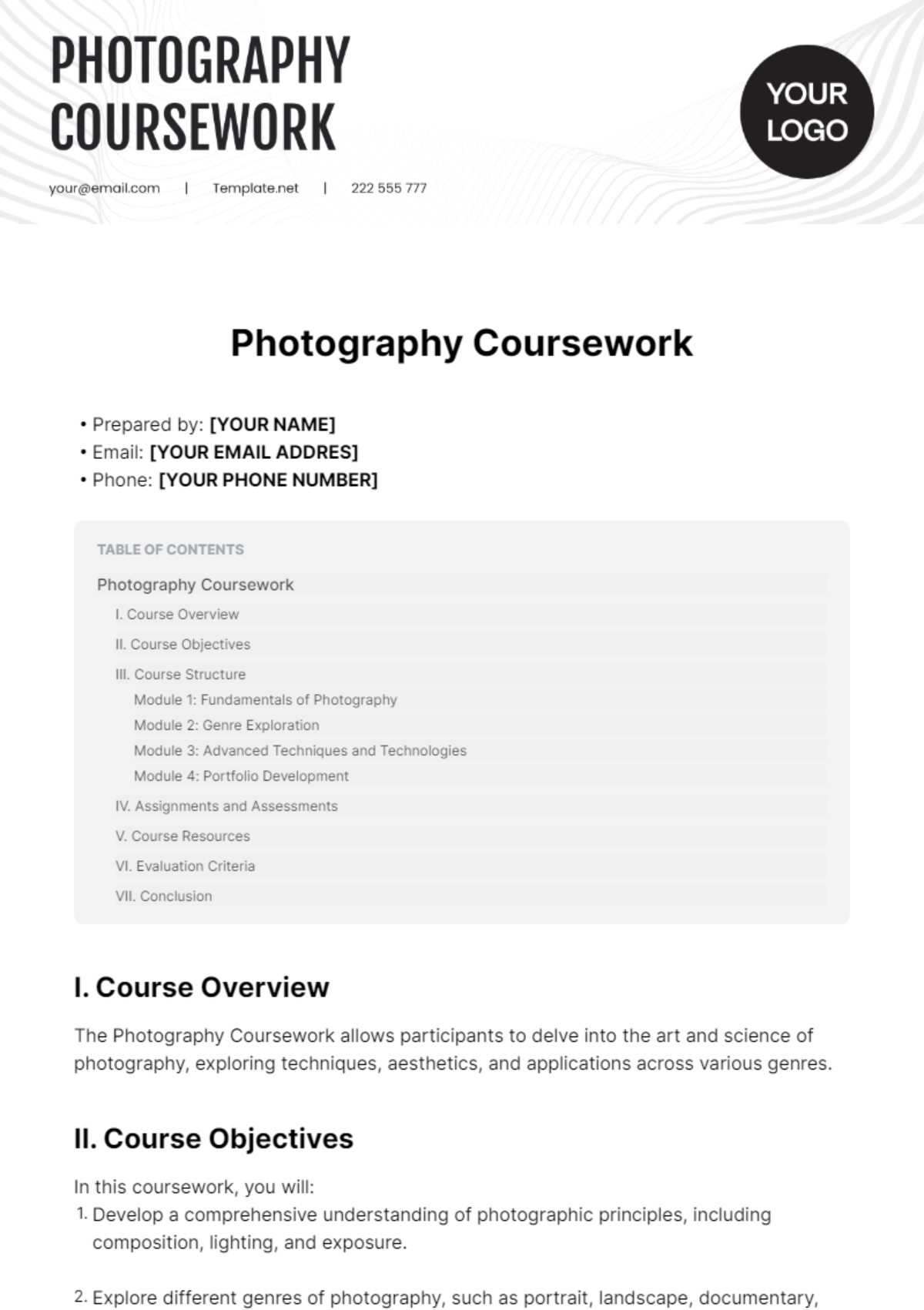 Photography Coursework Template - Edit Online & Download