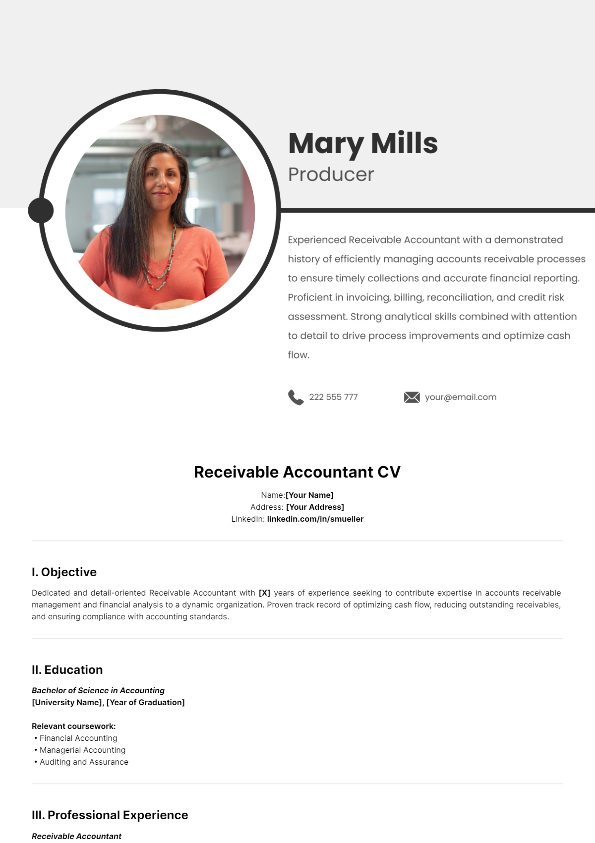 Receivable Accountant CV Template - Edit Online & Download