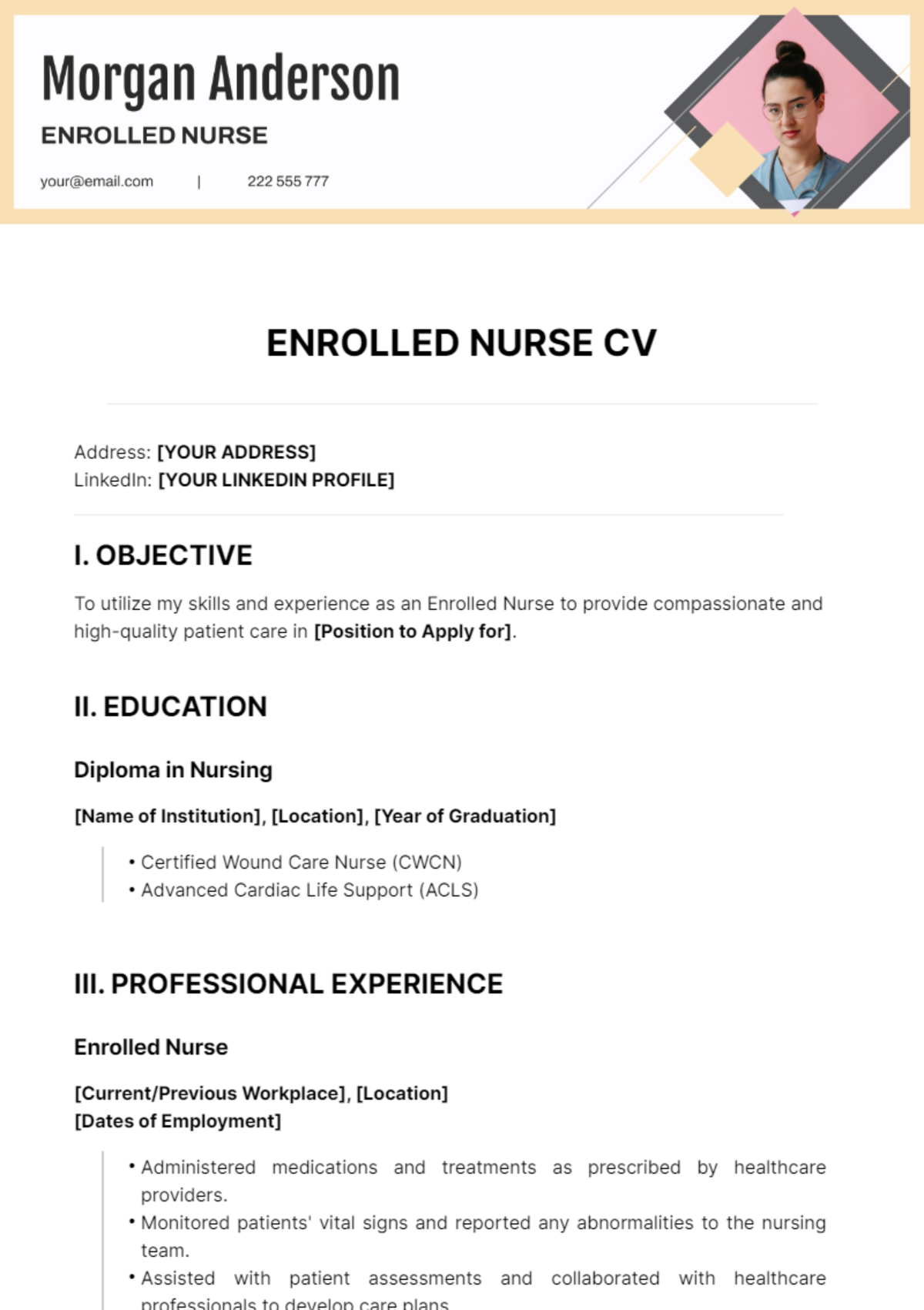 Free Enrolled Nurse CV Template