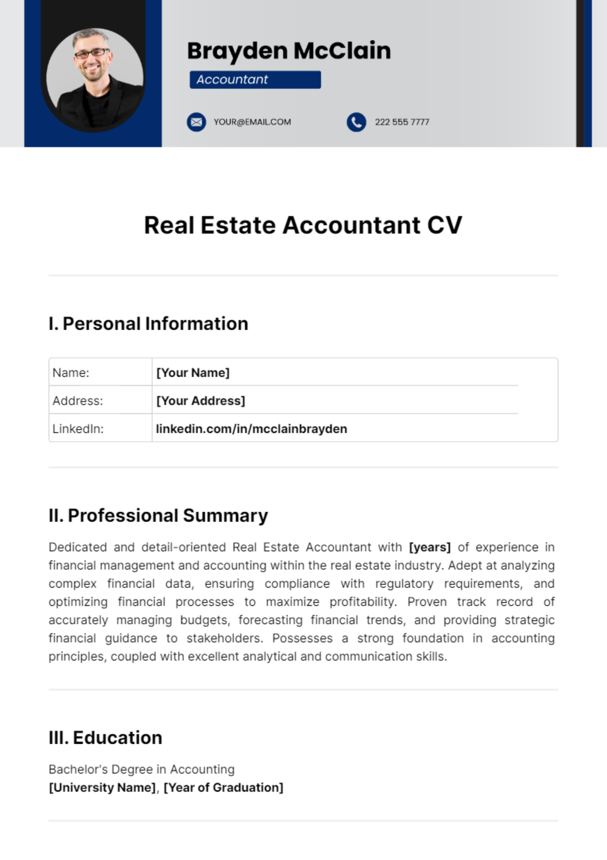 Real Estate Accountant CV Template - Edit Online & Download