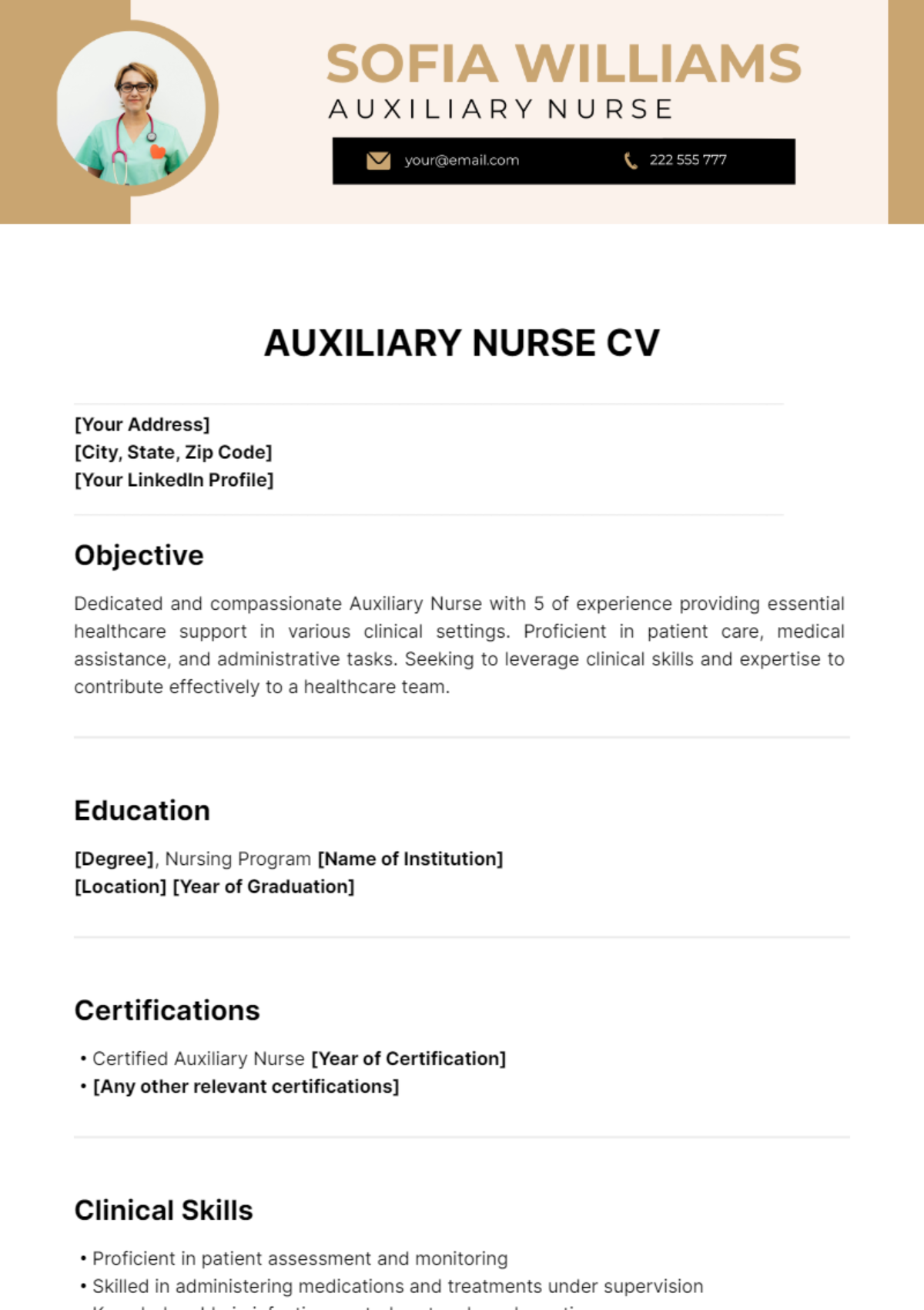 Auxiliary Nurse CV Template - Edit Online & Download