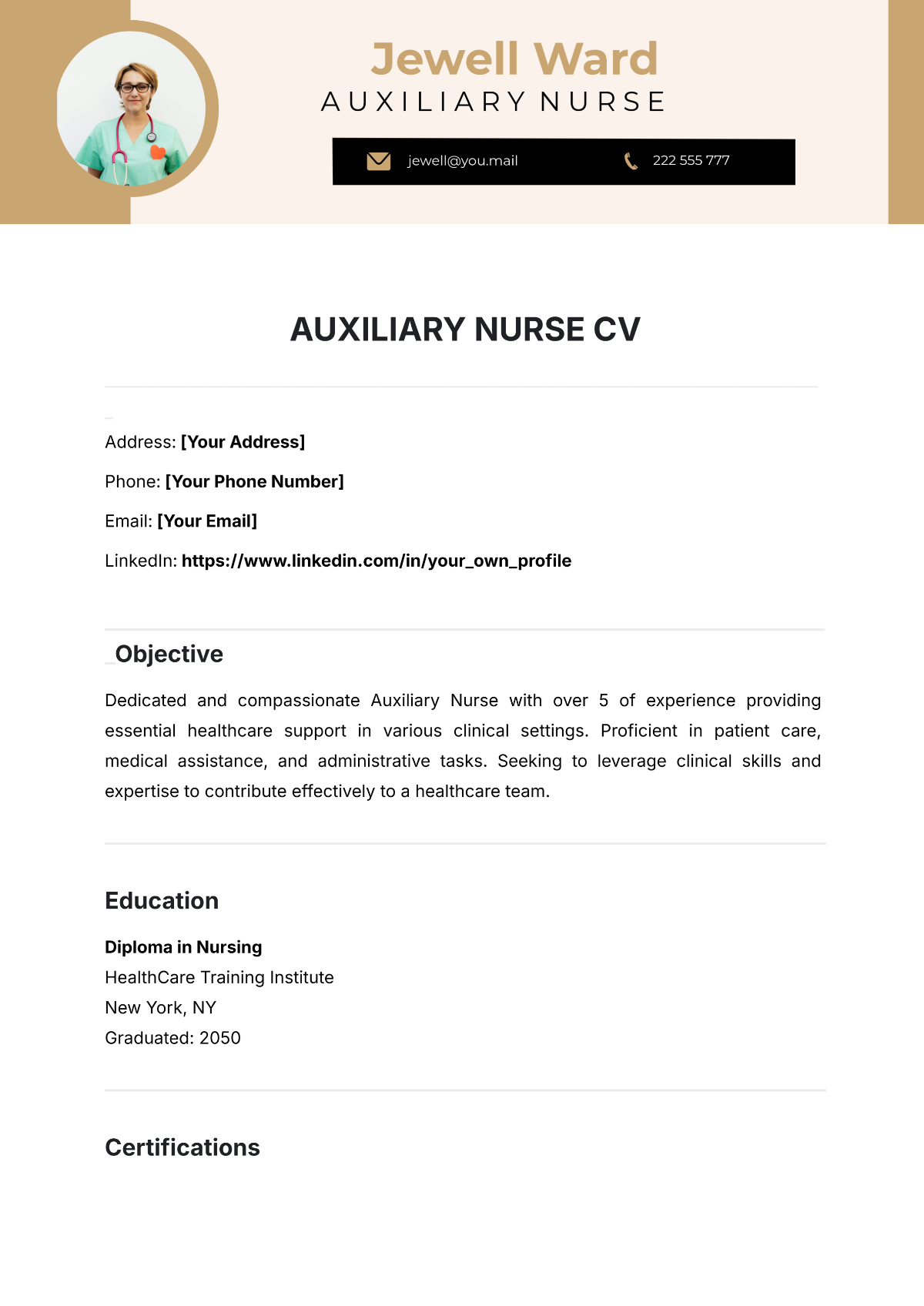 Auxiliary Nurse CV Template - Edit Online & Download