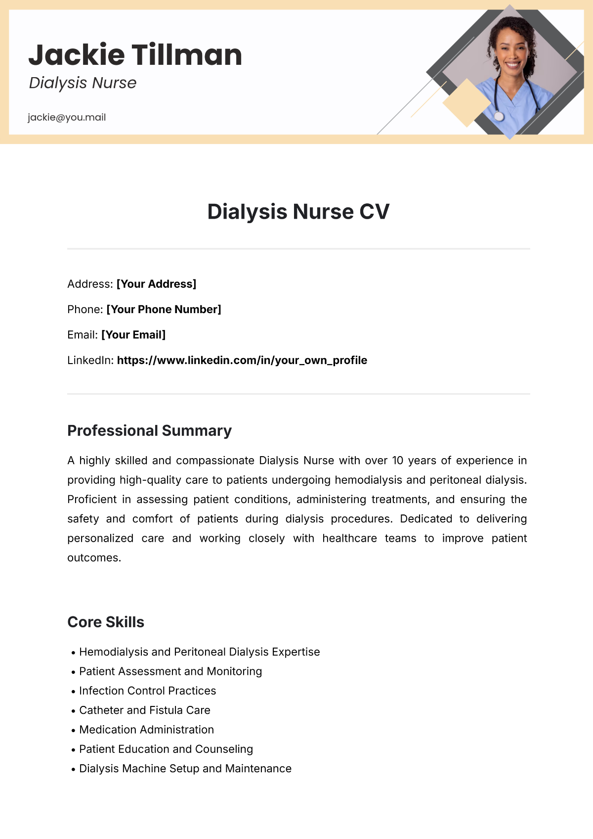 Dialysis Nurse CV Template - Edit Online & Download