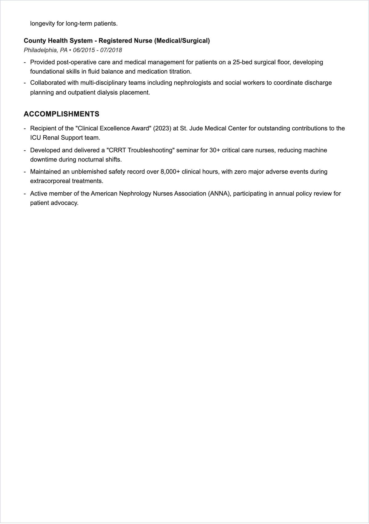 Free Dialysis Nurse ATS CV Template, AI CV Builder
