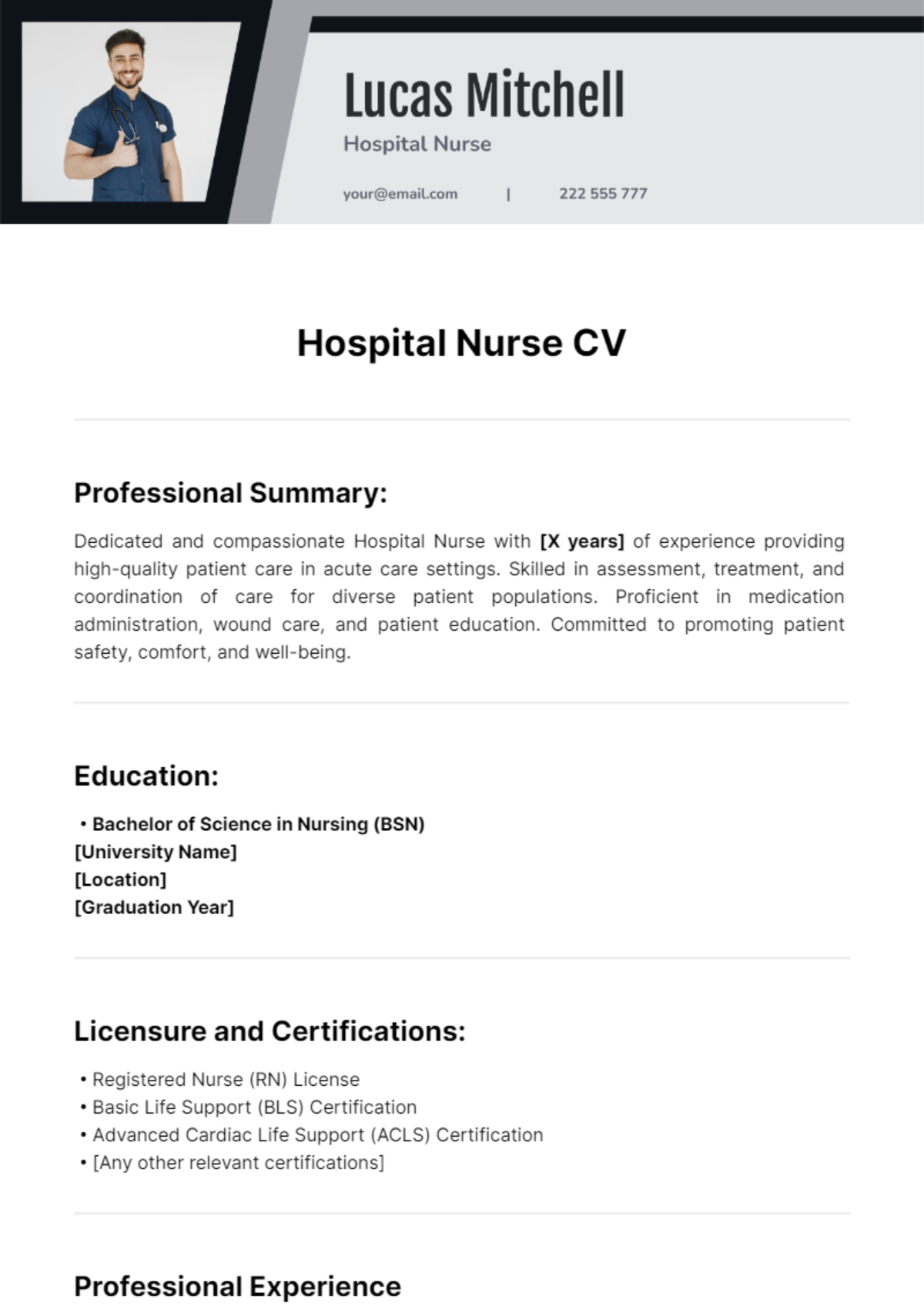 Hospital Nurse CV Template - Edit Online & Download